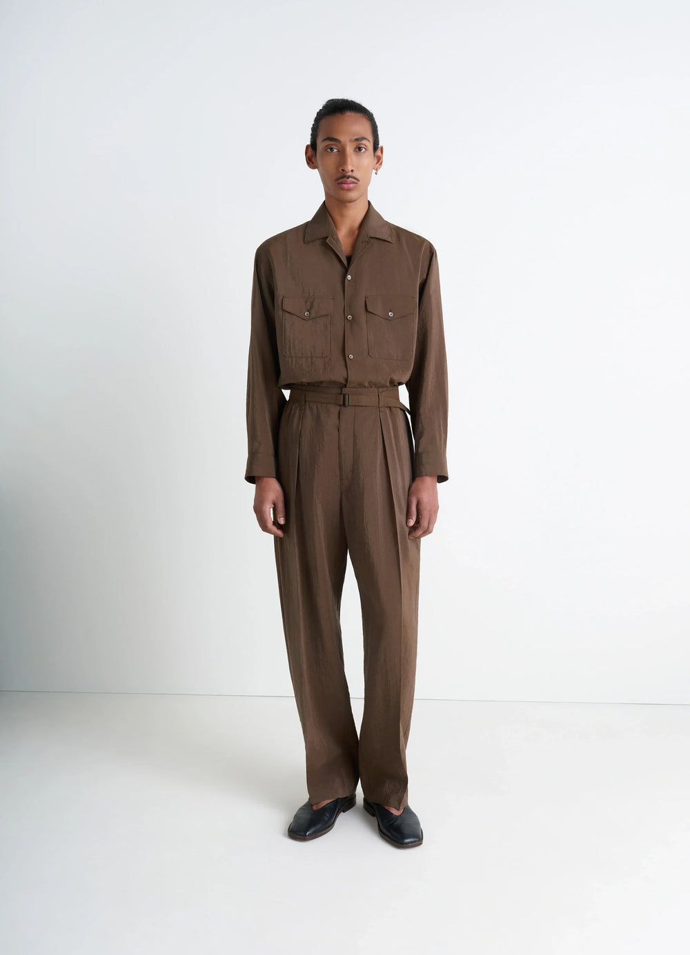 Lemaire Convertible Collar Shirt in Brown Dry Silk Blend, model shot, three-quarter view dual chest pockets