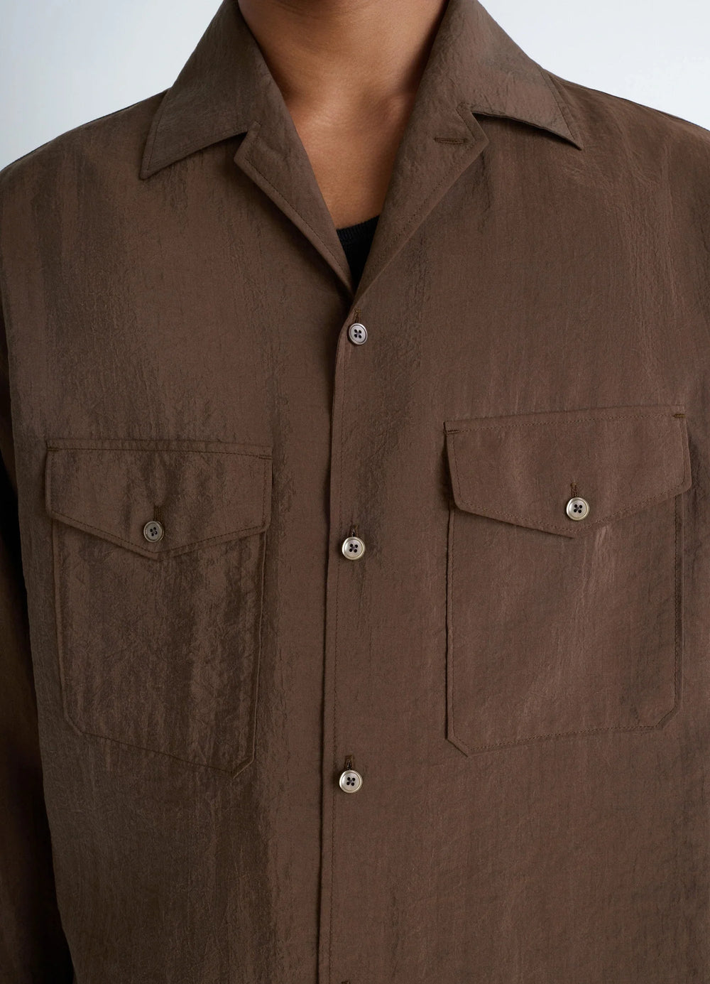 Lemaire Convertible Collar Shirt in Brown Dry Silk Blend, model shot, detail shot textured fabric