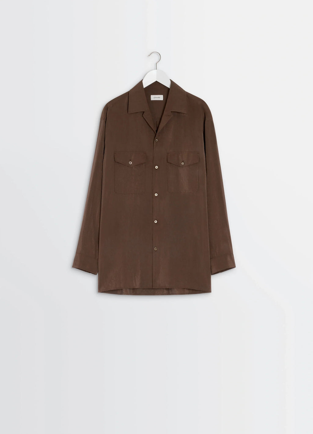 Lemaire Convertible Collar Shirt in Brown Dry Silk Blend, product shot, side angle hanging view button down neutral backgroun