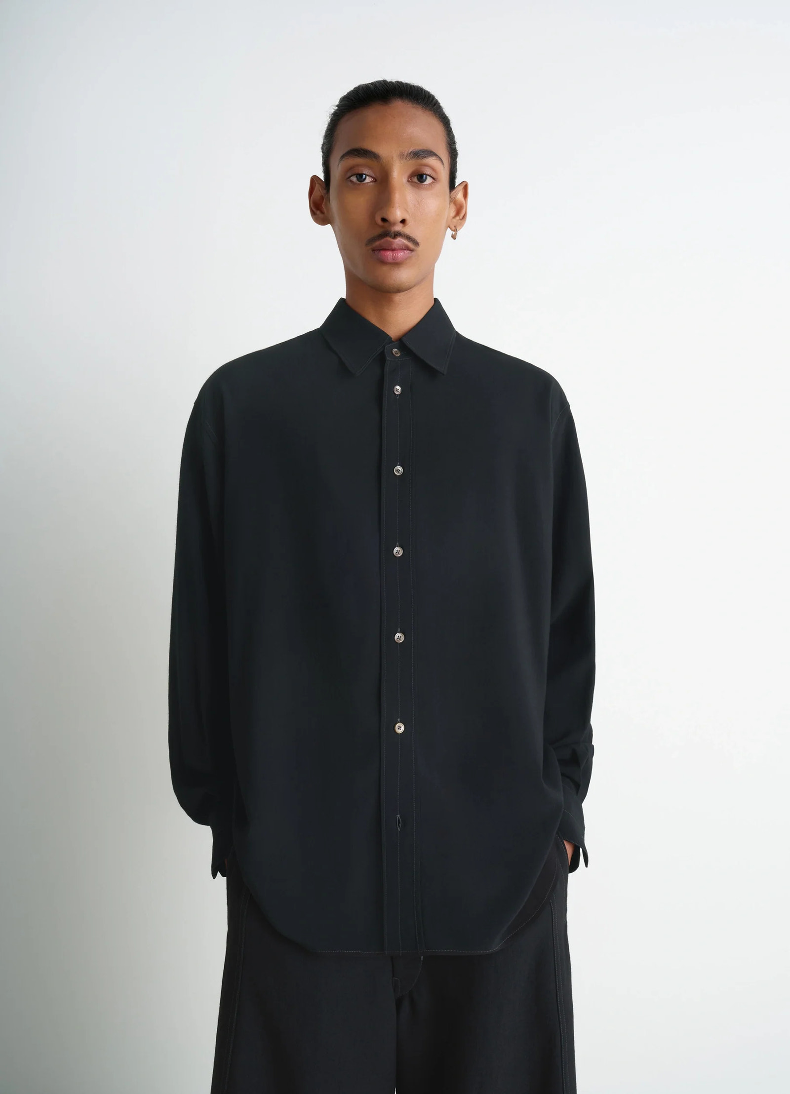 Lemaire relaxed shirt in dark viscose wool blend, model shot, front view fluid relaxed fit