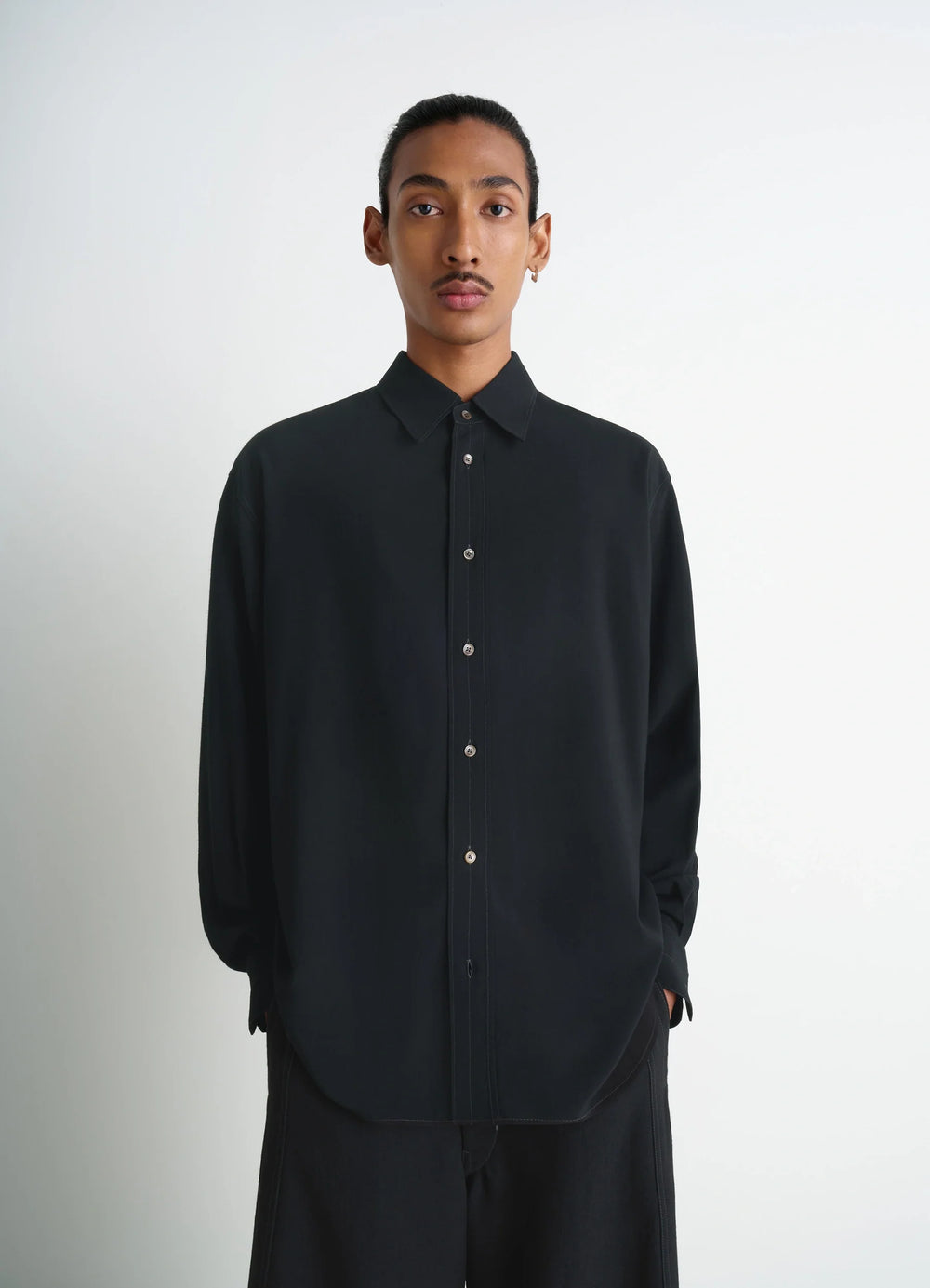 Lemaire Relaxed Shirt in Dark Viscose Wool Blend, model shot, Front view Fluid relaxed fit