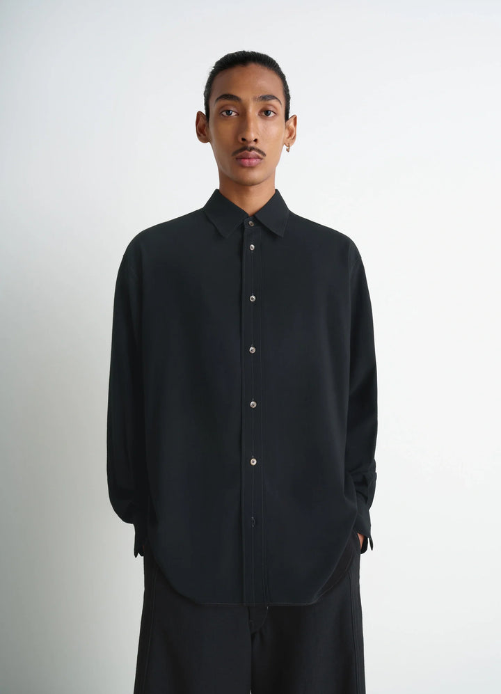 Lemaire Relaxed Shirt in Dark Viscose Wool Blend, model shot, Front view Fluid relaxed fit