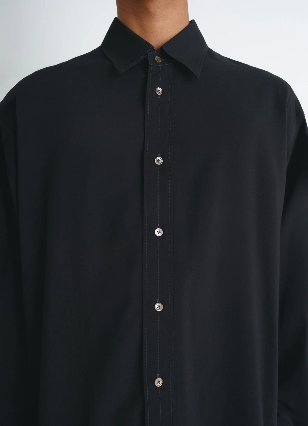 Lemaire Relaxed Shirt in Dark Viscose Wool Blend, model shot, close-up front button placket details