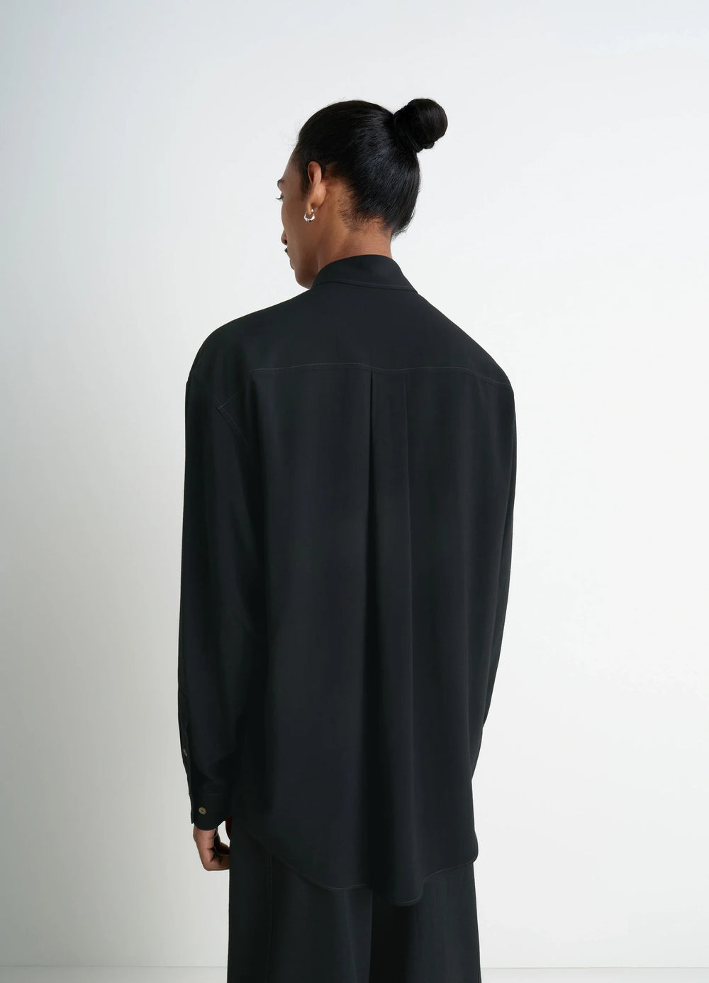 Lemaire Relaxed Shirt in Dark Viscose Wool Blend, model shot, back view pleated back drape