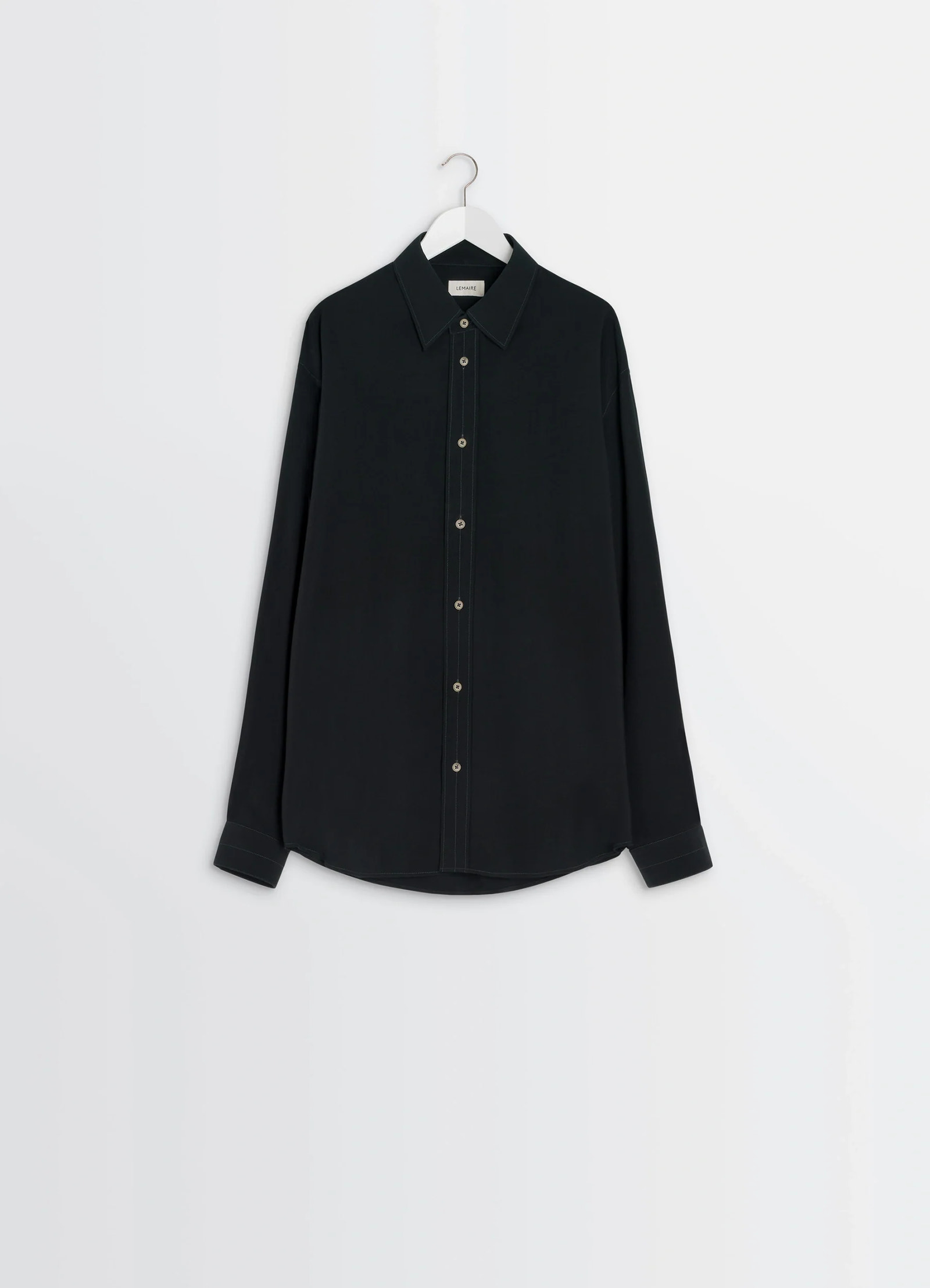 Lemaire relaxed shirt in dark viscose wool blend, product shot, hanger straight shot pointed collar detail