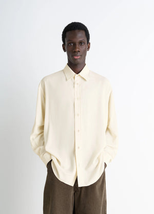 Lemaire Relaxed Shirt in Light Viscose Wool Blend, model shot, Front view Fluid relaxed fit