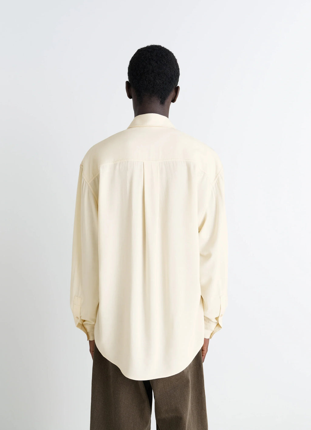 Lemaire Relaxed Shirt in Light Viscose Wool Blend, model shot, back view smooth back drape
