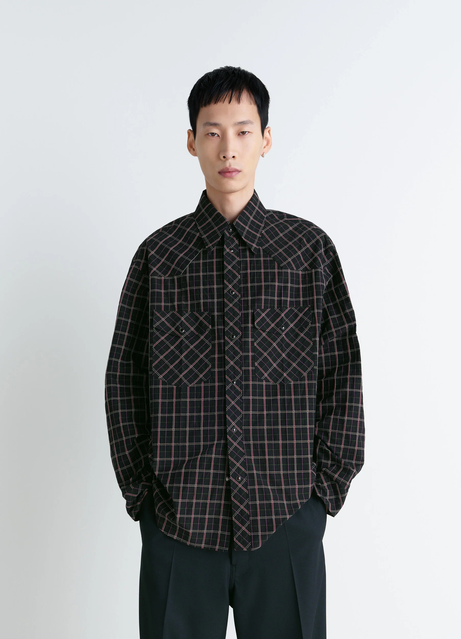Western check shirt in textured cotton plaid, model shot, front view patch pockets, pearlescent buttons