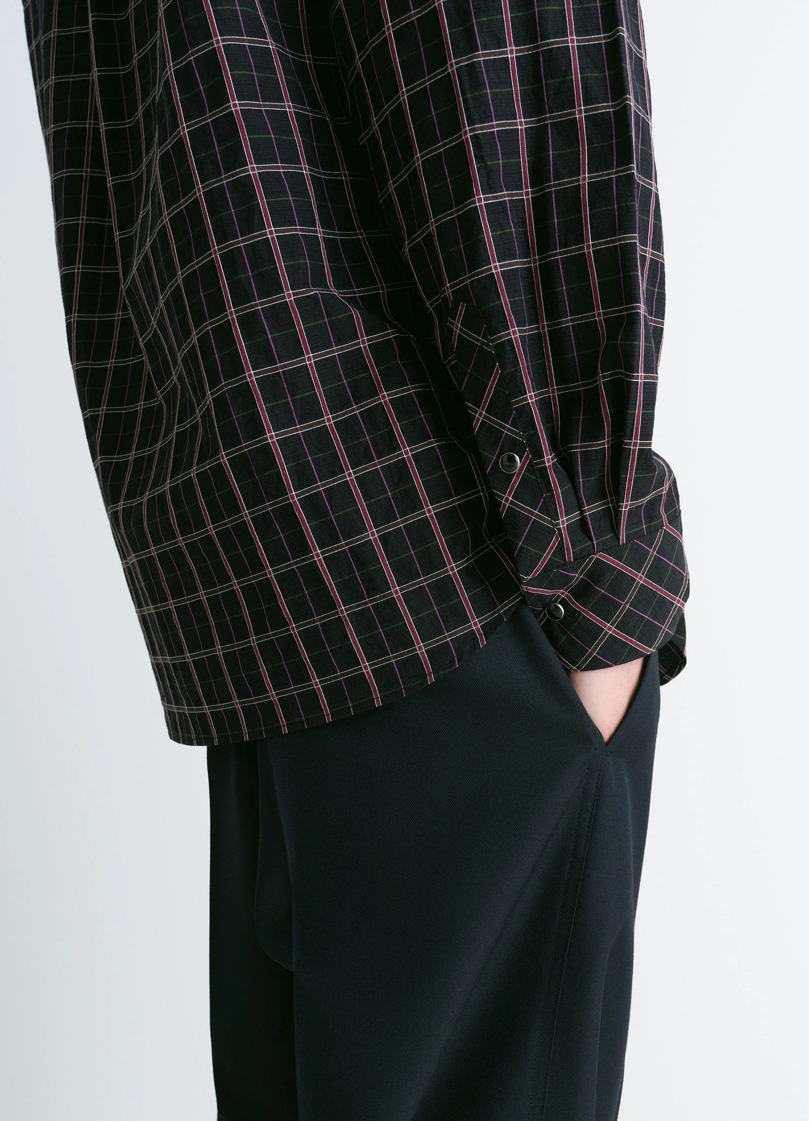 Western check shirt in textured cotton plaid, model shot, side detail shot rolled cuffs relaxed fit