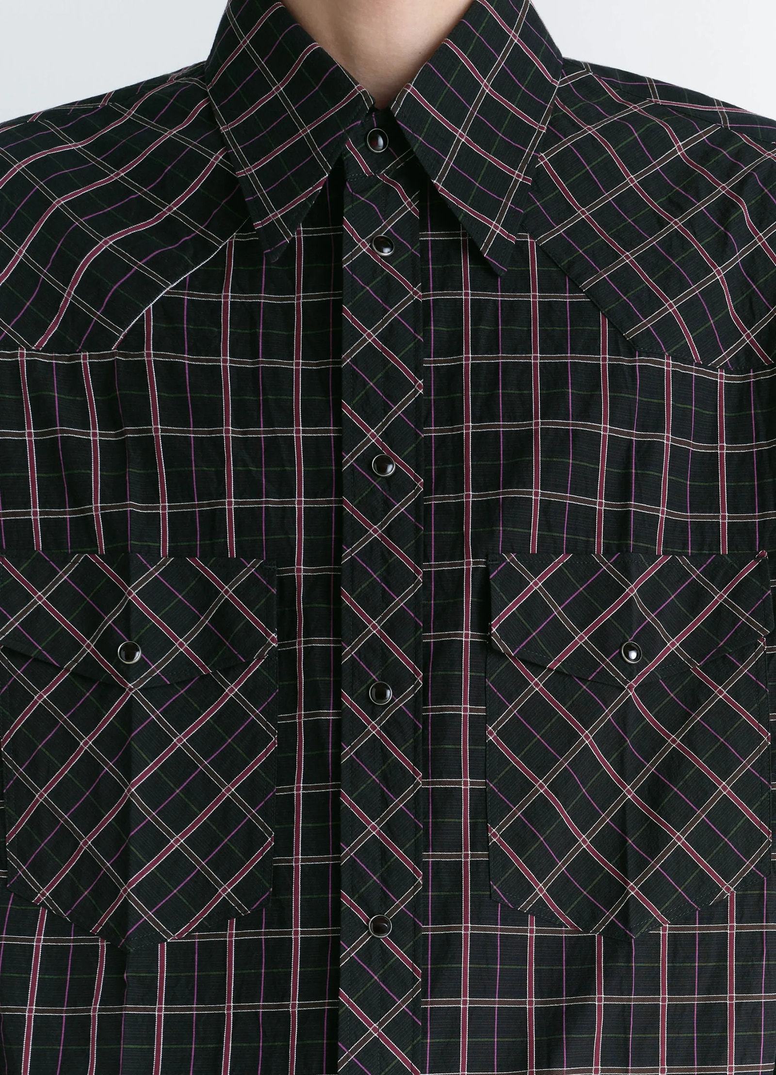 Western check shirt in textured cotton plaid, product shot, close-up detail cross-stitched panels