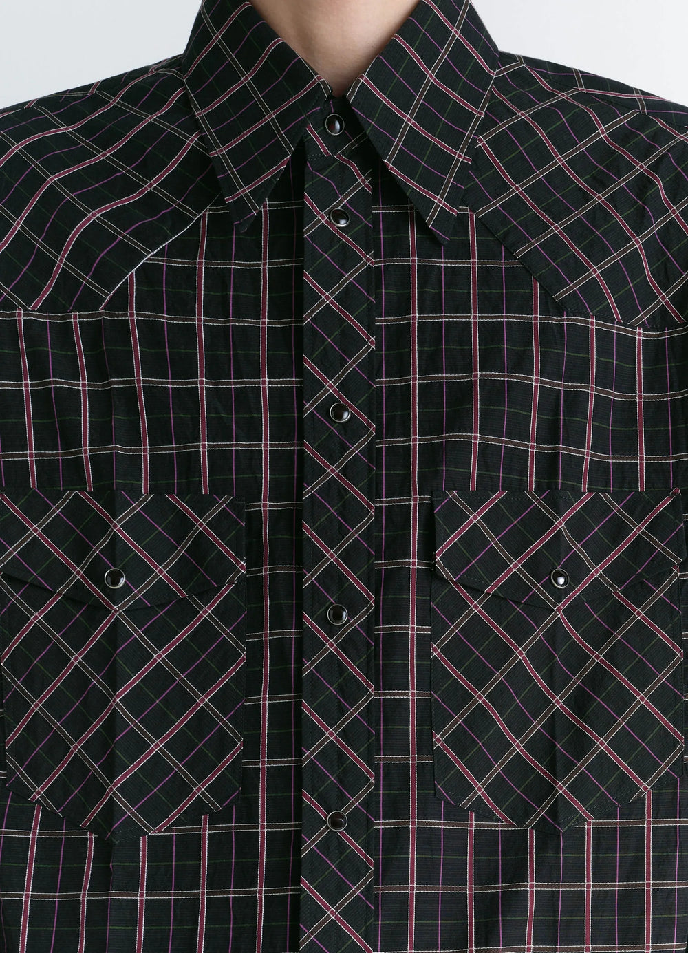 Western Check Shirt in Textured Cotton Plaid, product shot, close-up detail cross-stitched panels