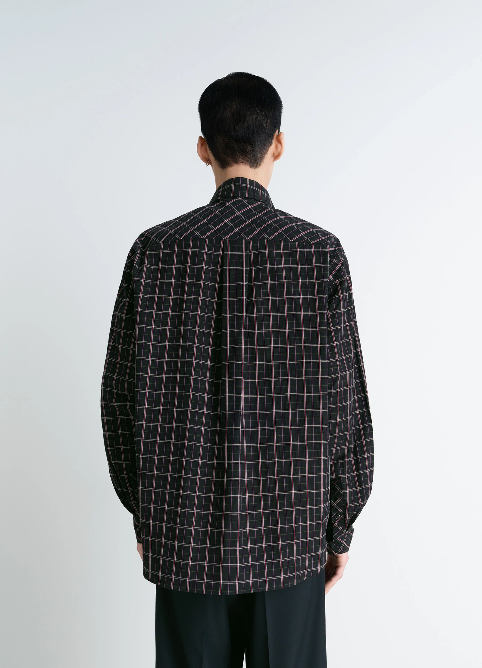 Western check shirt in textured cotton plaid, model shot, back view straight back drape