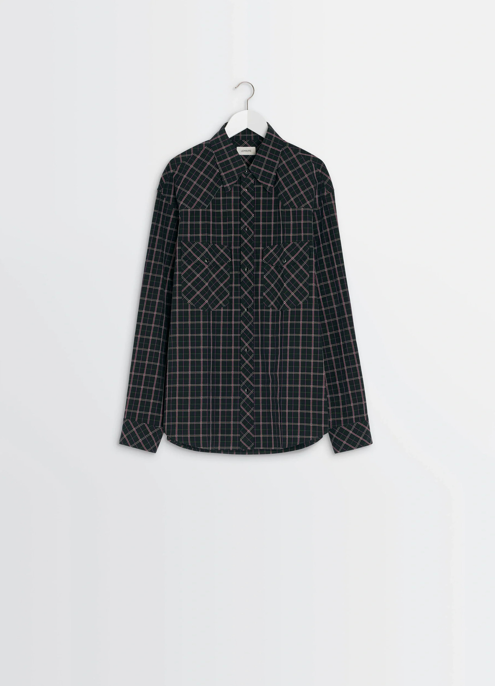 Western check shirt in textured cotton plaid, product shot, hanger flat shot curved hemline