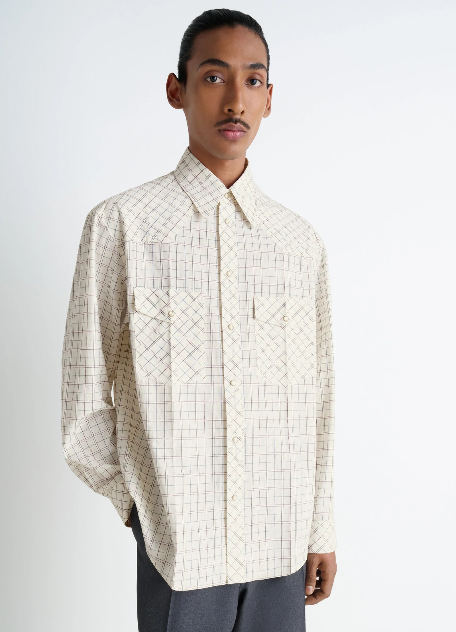 Western check shirt in textured cotton plaid, model shot, front view patch pockets and rivets