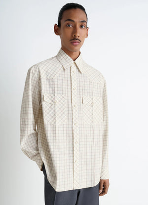 Western Check Shirt in Textured Cotton Plaid, model shot, Front view Patch pockets and rivets