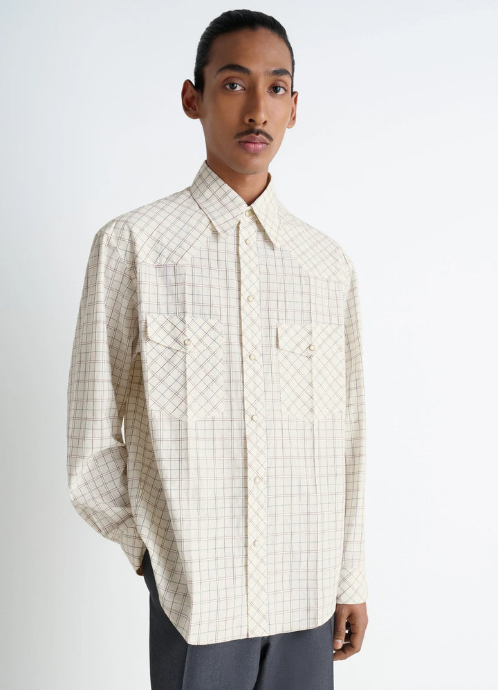 Western Check Shirt in Textured Cotton Plaid, model shot, Front view Patch pockets and rivets