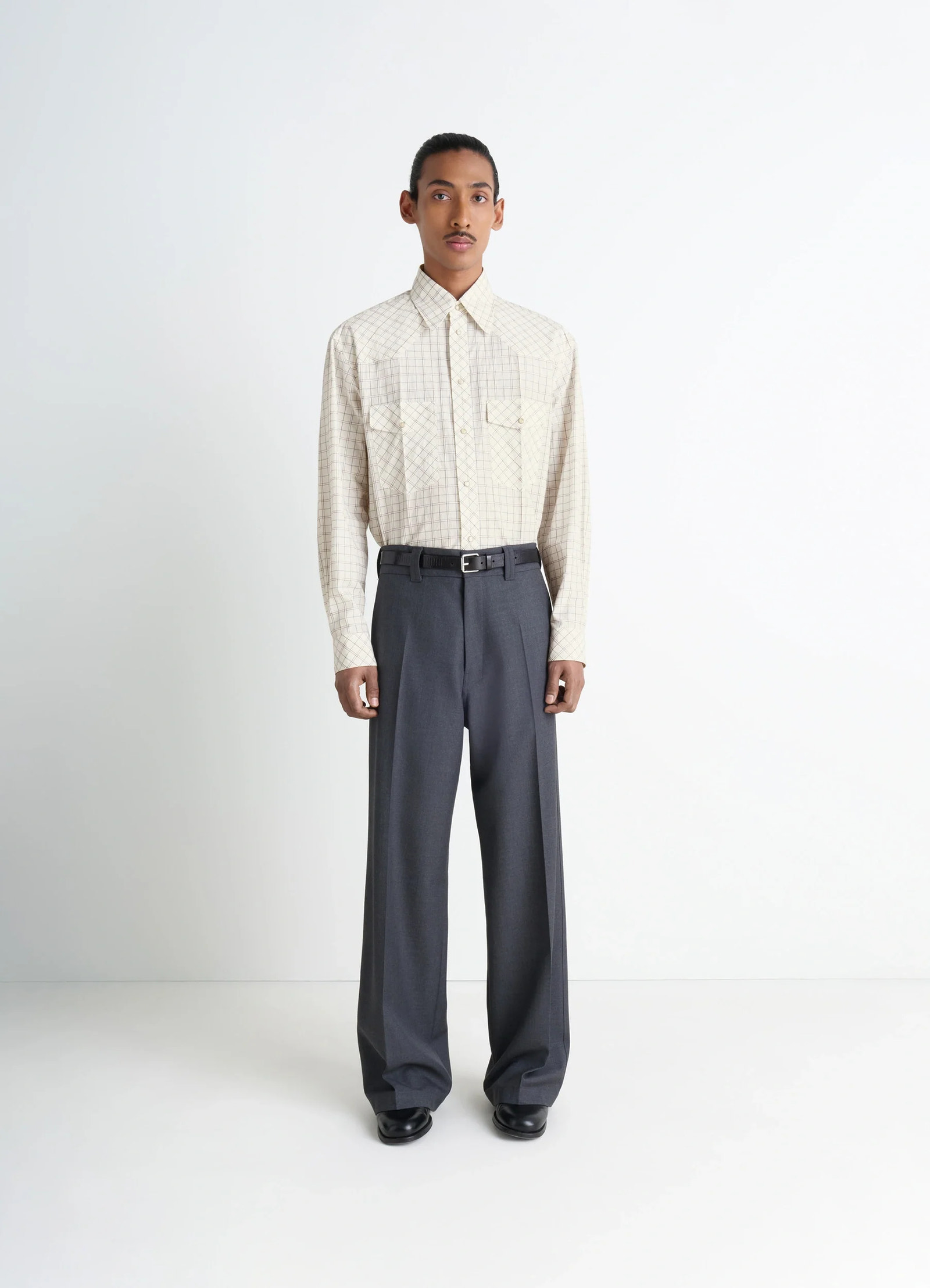 Western check shirt in textured cotton plaid, model shot, full body view straight hem and cuffs