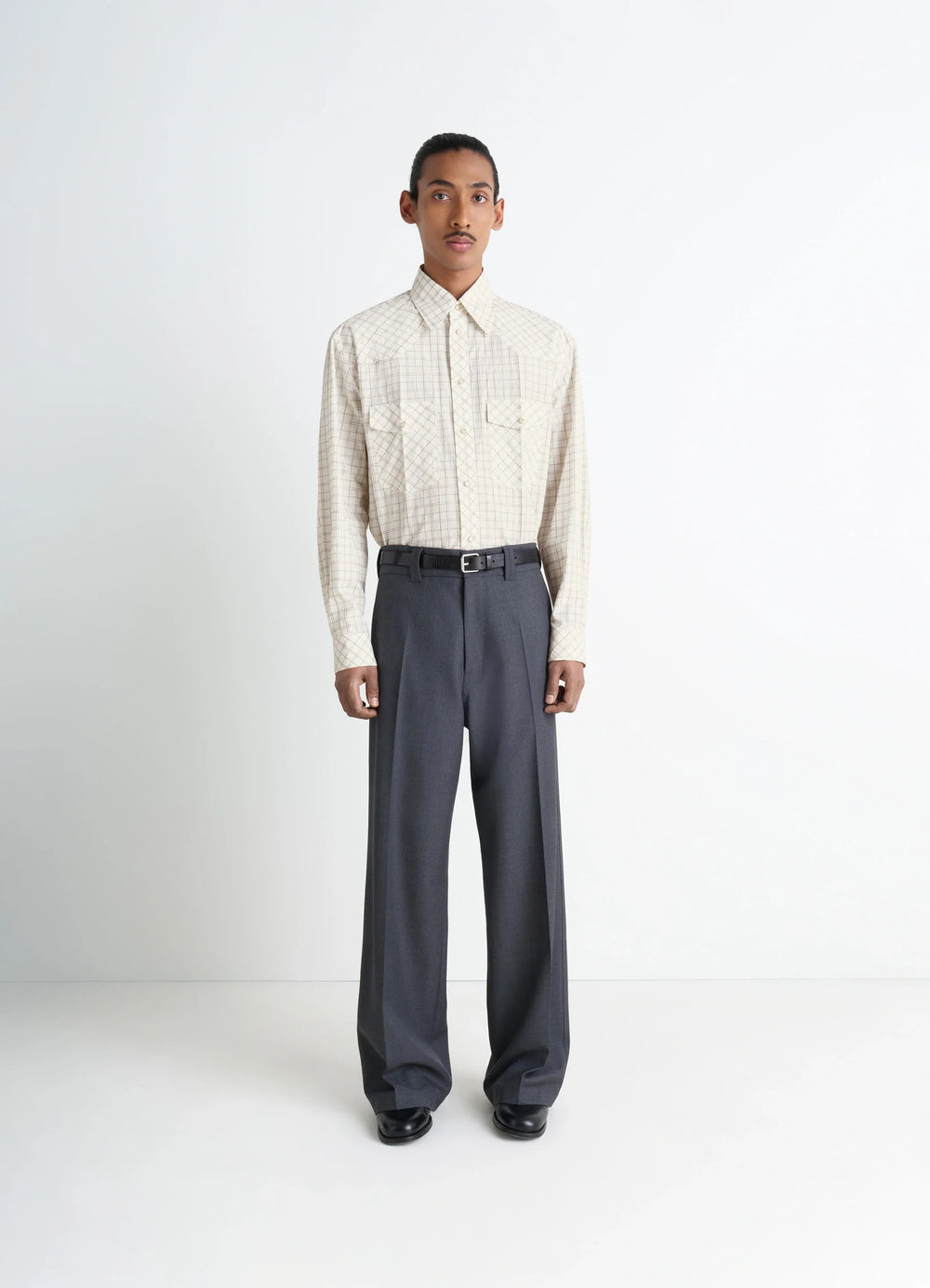 Western Check Shirt in Textured Cotton Plaid, model shot, full body view straight hem and cuffs