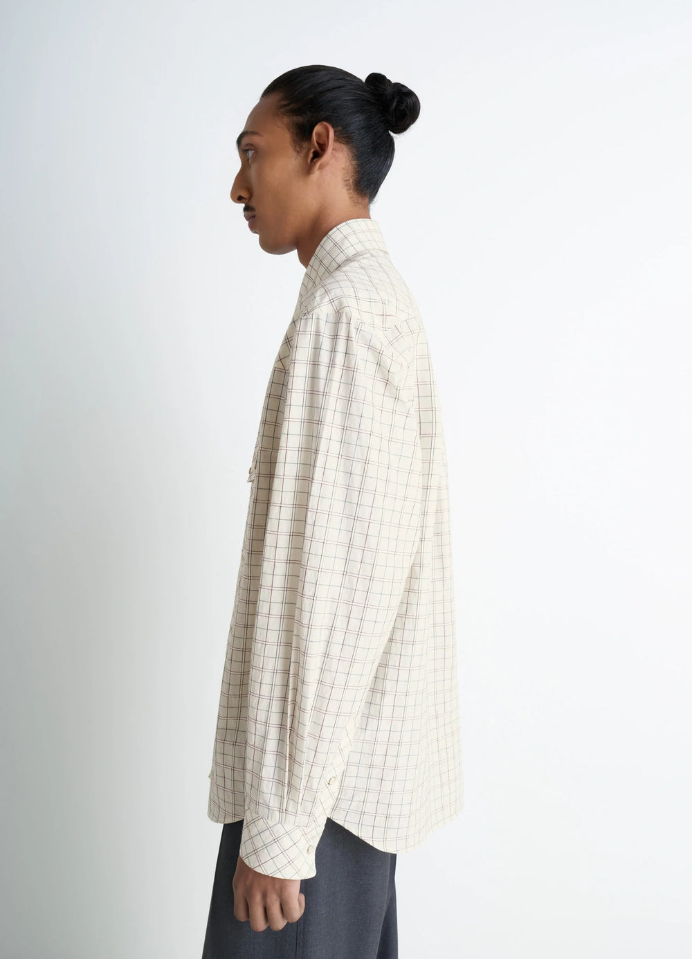 Western Check Shirt in Textured Cotton Plaid, model shot, side view long sleeves with placket