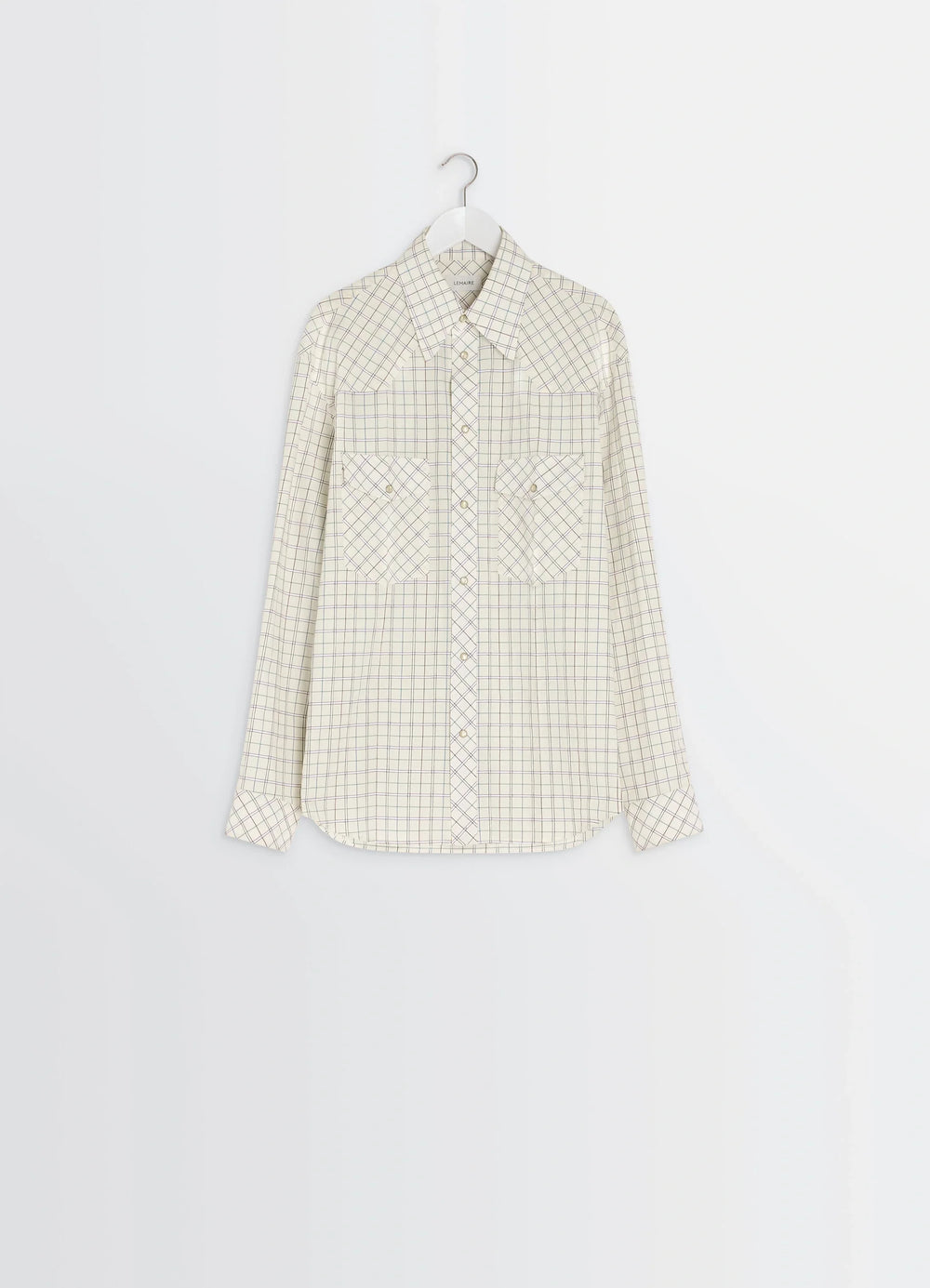 Western Check Shirt in Textured Cotton Plaid, product shot, hanger display view curved collar design