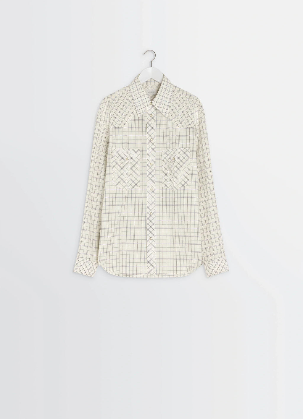 Western Check Shirt in Textured Cotton Plaid, product shot, hanger display view curved collar design