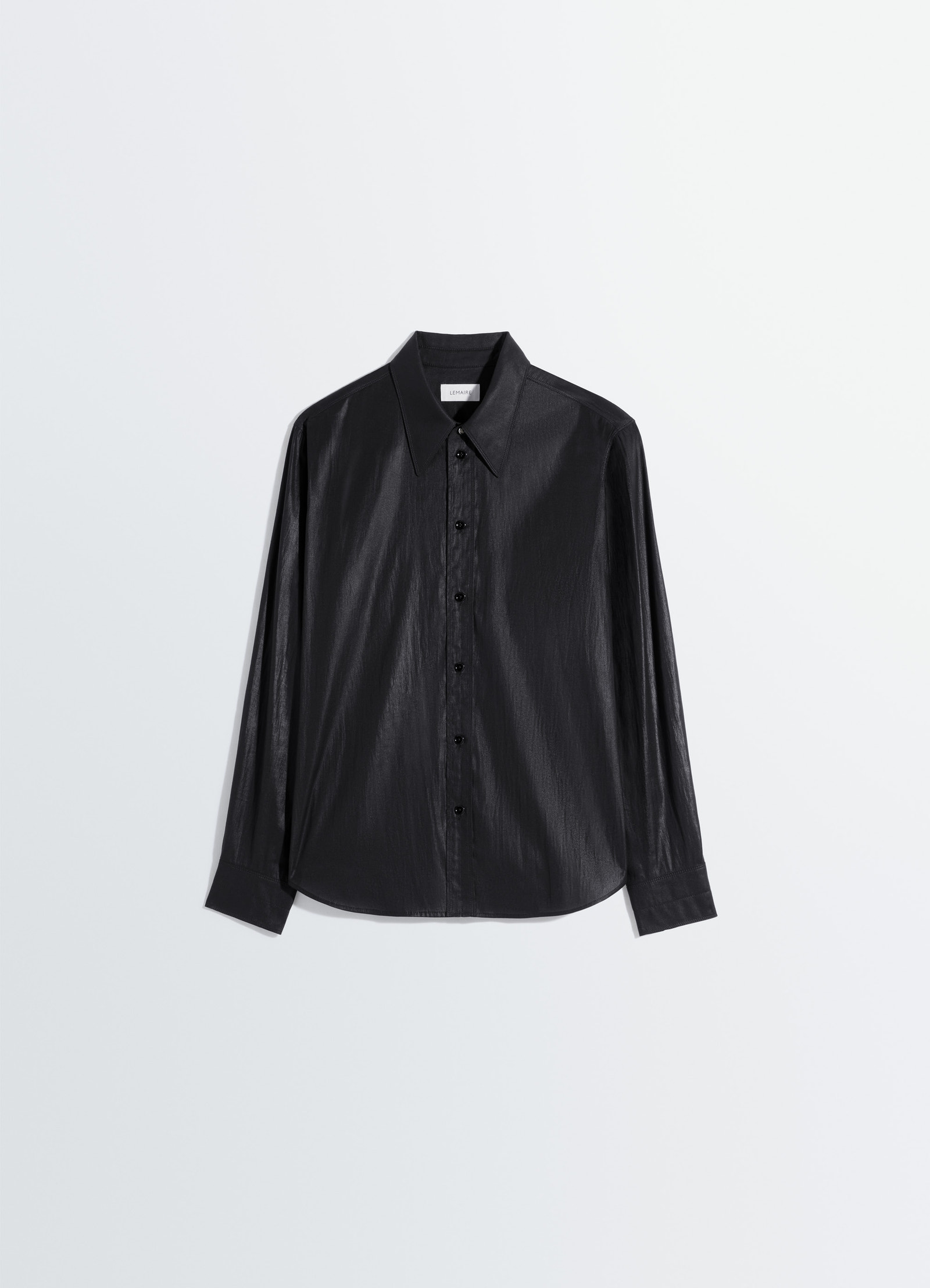 Pointed collar surrealist shirt in chintzed toile, product shot, three-quarter hanging view shiny drape texture