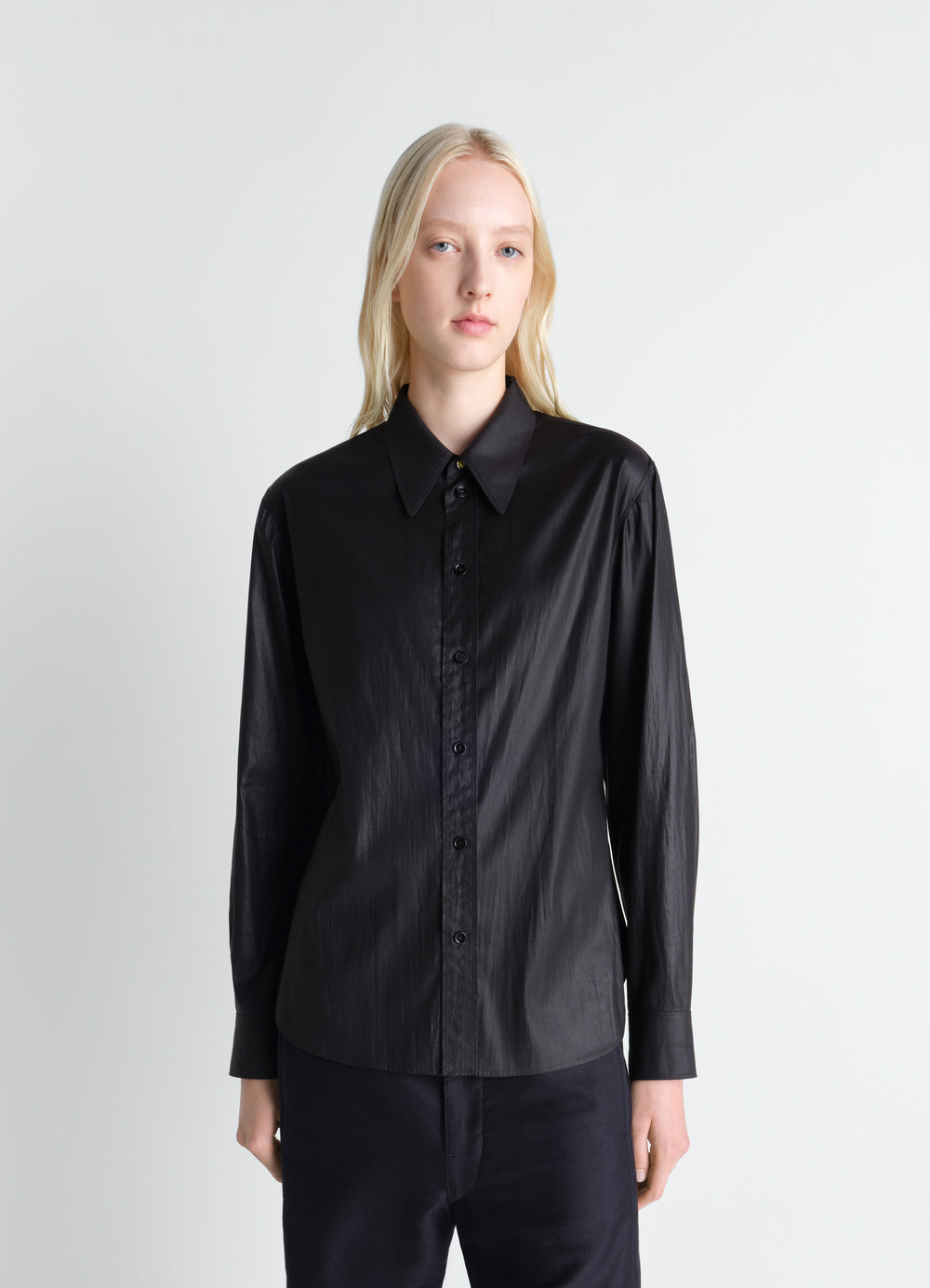 Pointed Collar Surrealist Shirt in Chintzed Toile, model shot, Front view Fitted cut with sheen