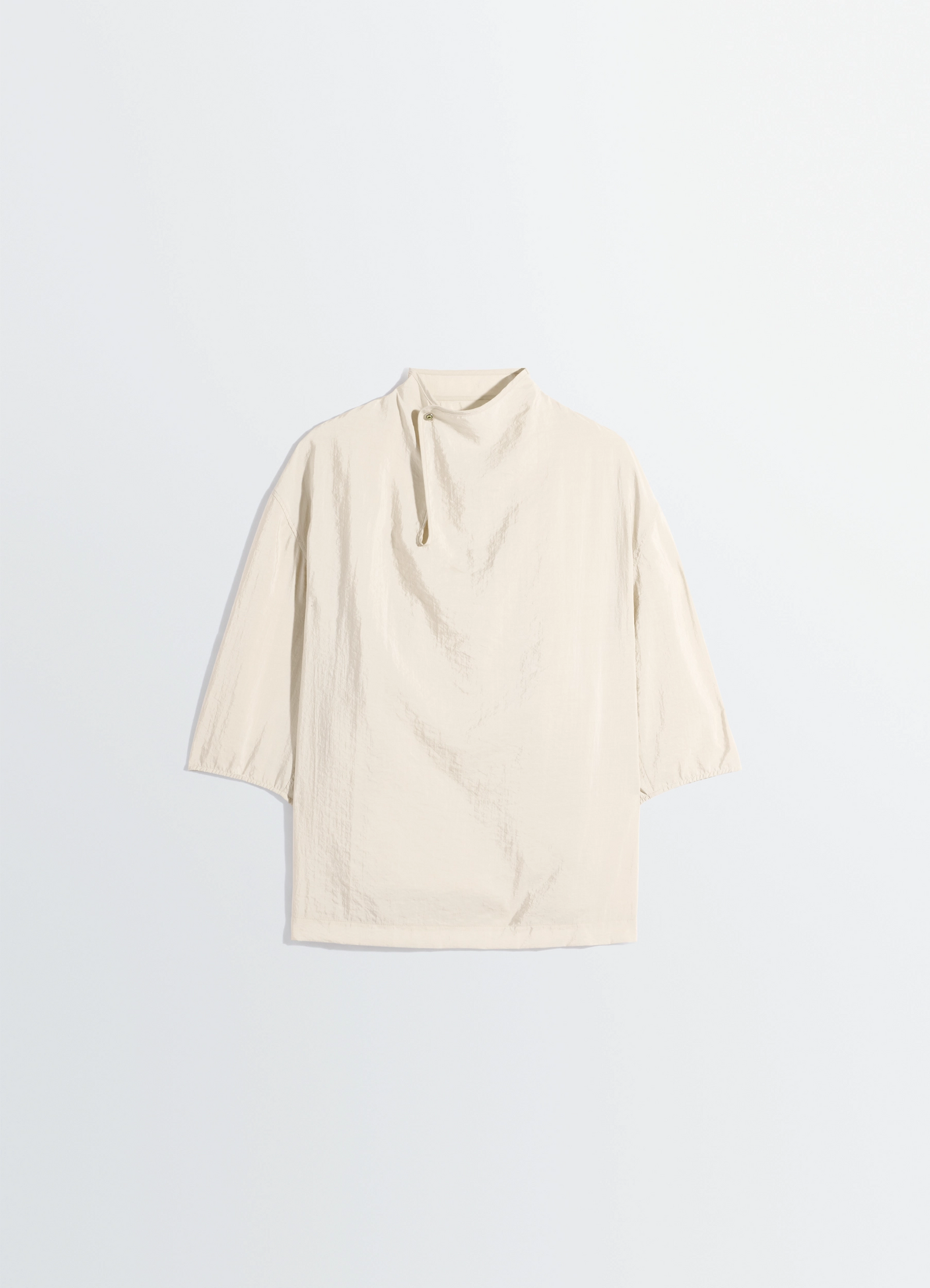 Soft collar top in dry silk, product shot, hanging display view bow accent neckline