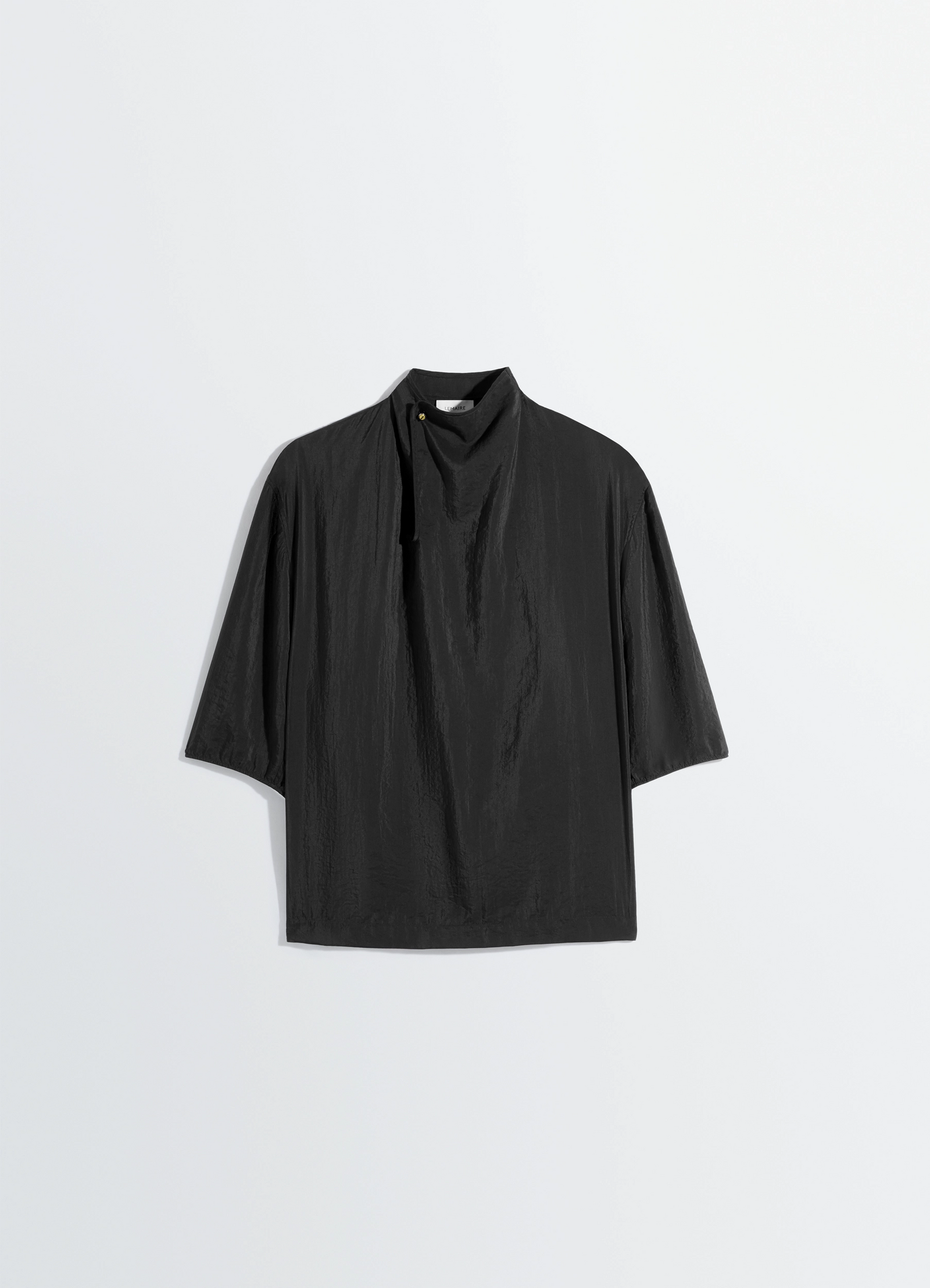 Soft collar top in dry silk in black dry silk, product shot, hanging view loose fit half sleeves