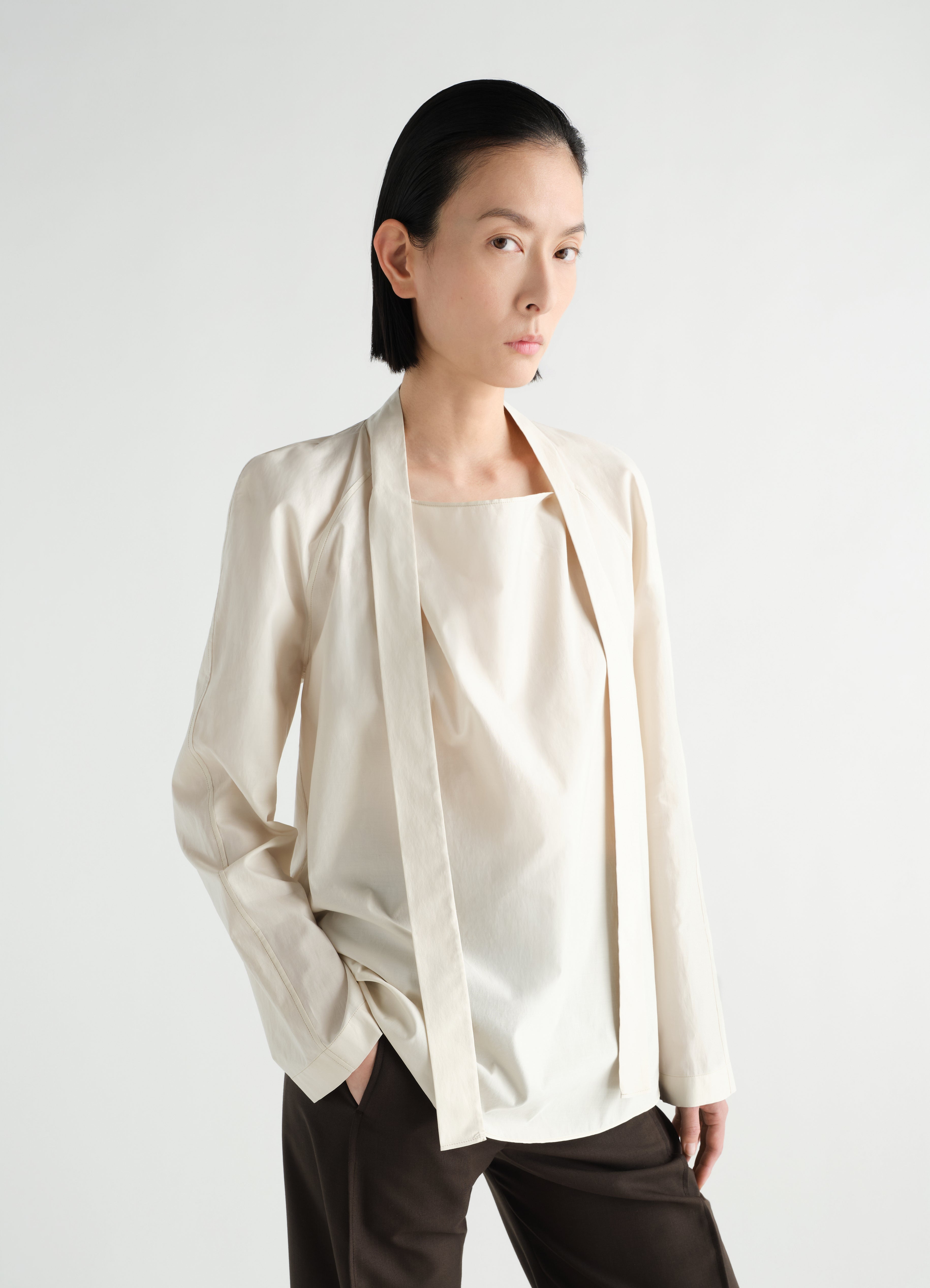 ASCOT BLOUSE IN WASHED COTTON SILK - Light Cream - Washed Cotton