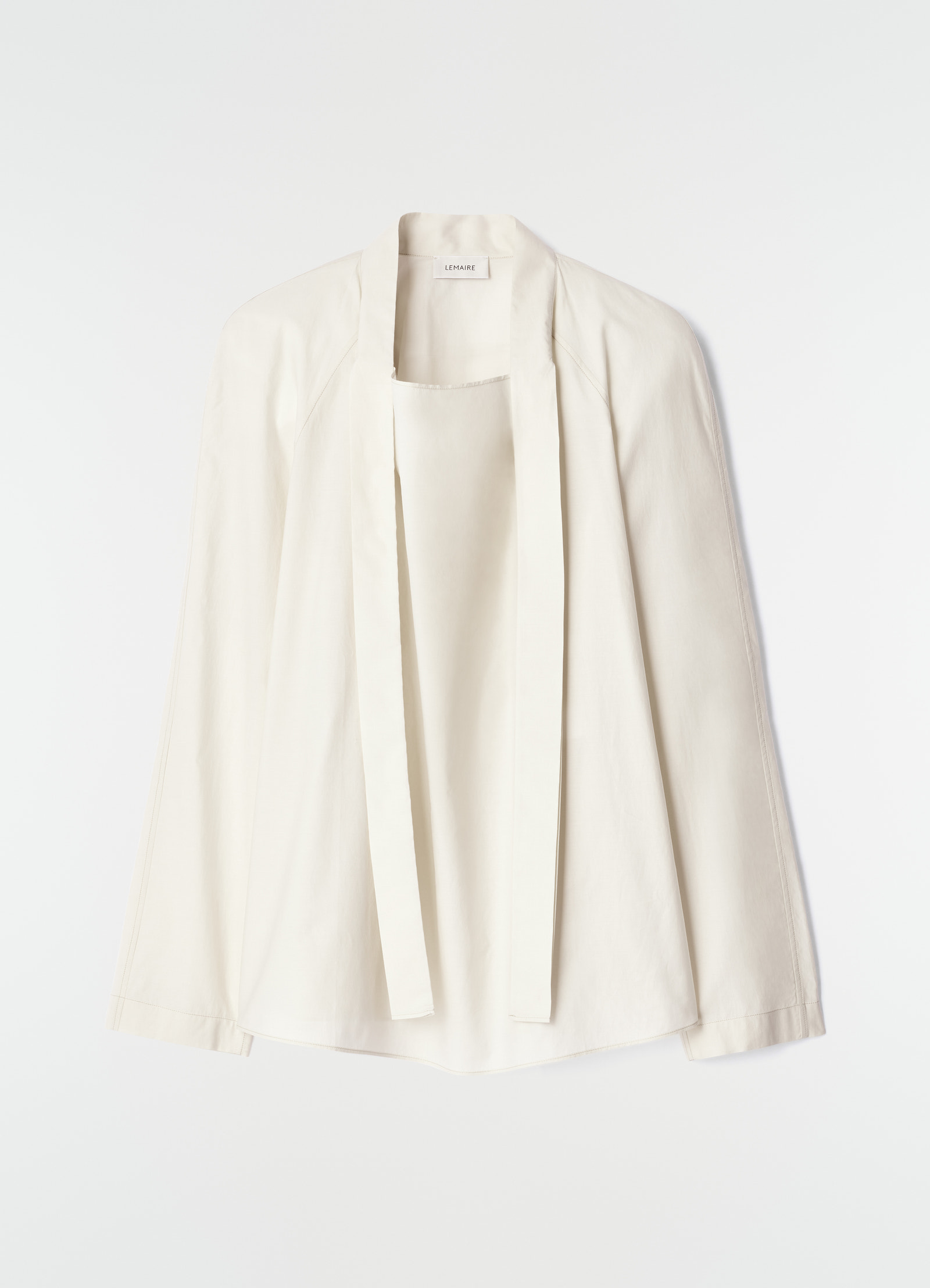 Ascot blouse in washed cotton silk in washed cotton silk, product shot, hanger front view draped ascot tie