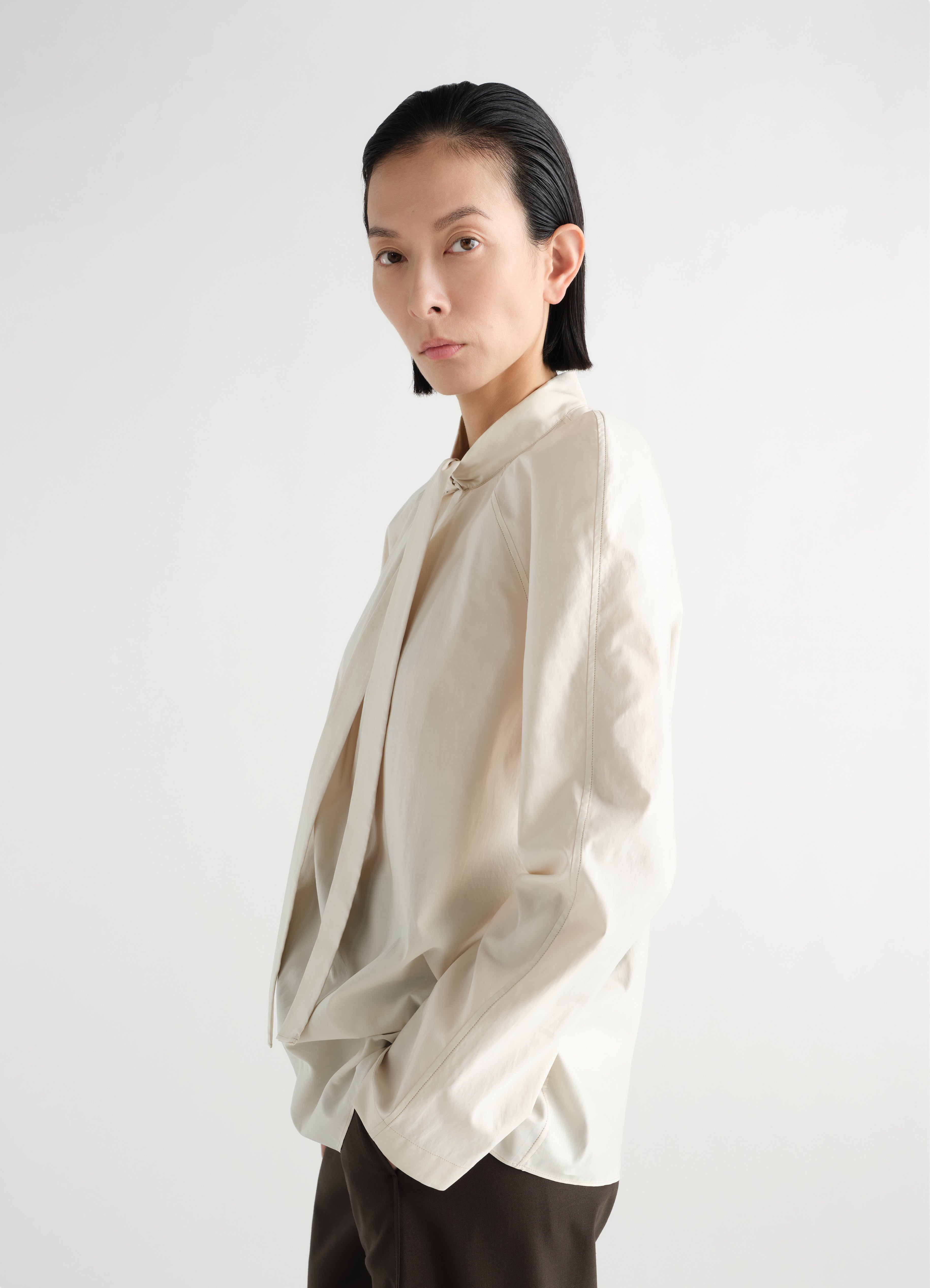 ASCOT BLOUSE IN WASHED COTTON SILK - Light Cream - Washed Cotton