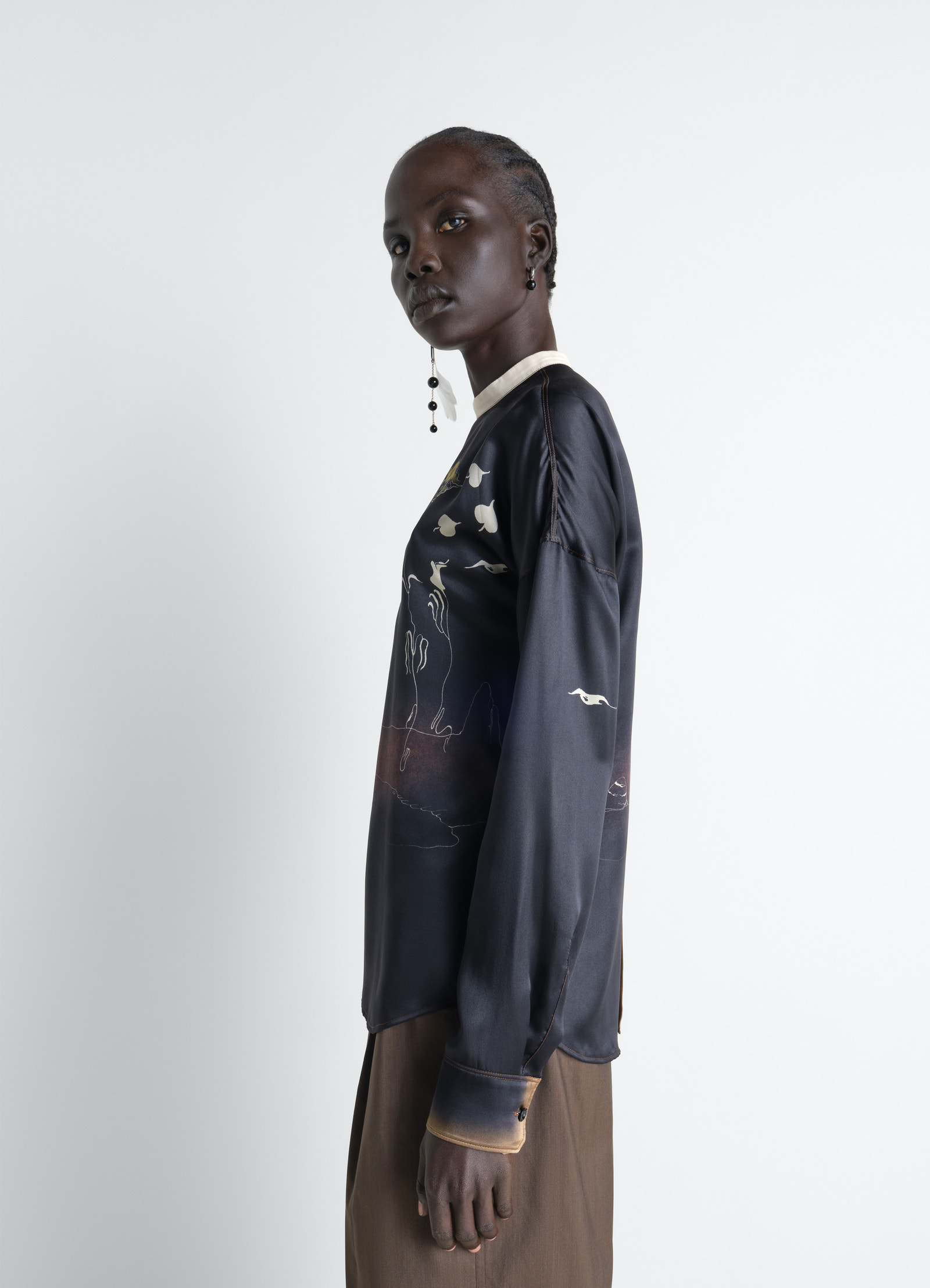 Plastron top in landscape printed silk