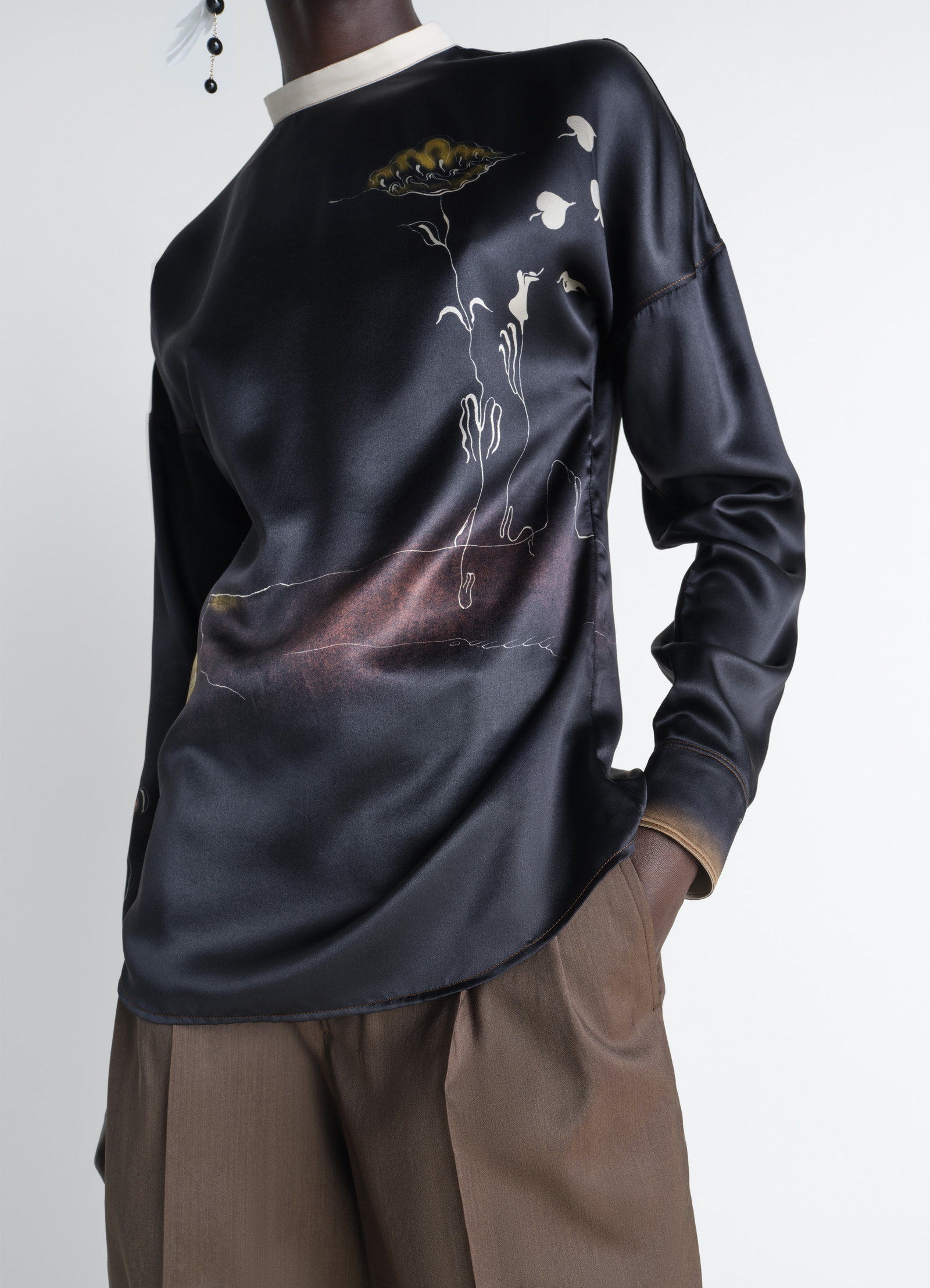 Plastron top in landscape printed silk