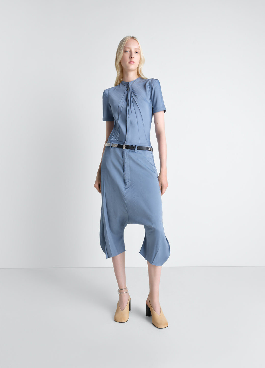 Creased Dropped Crotch Bermudas in Poly Viscose Twill, model shot, front view wide, flowing volume