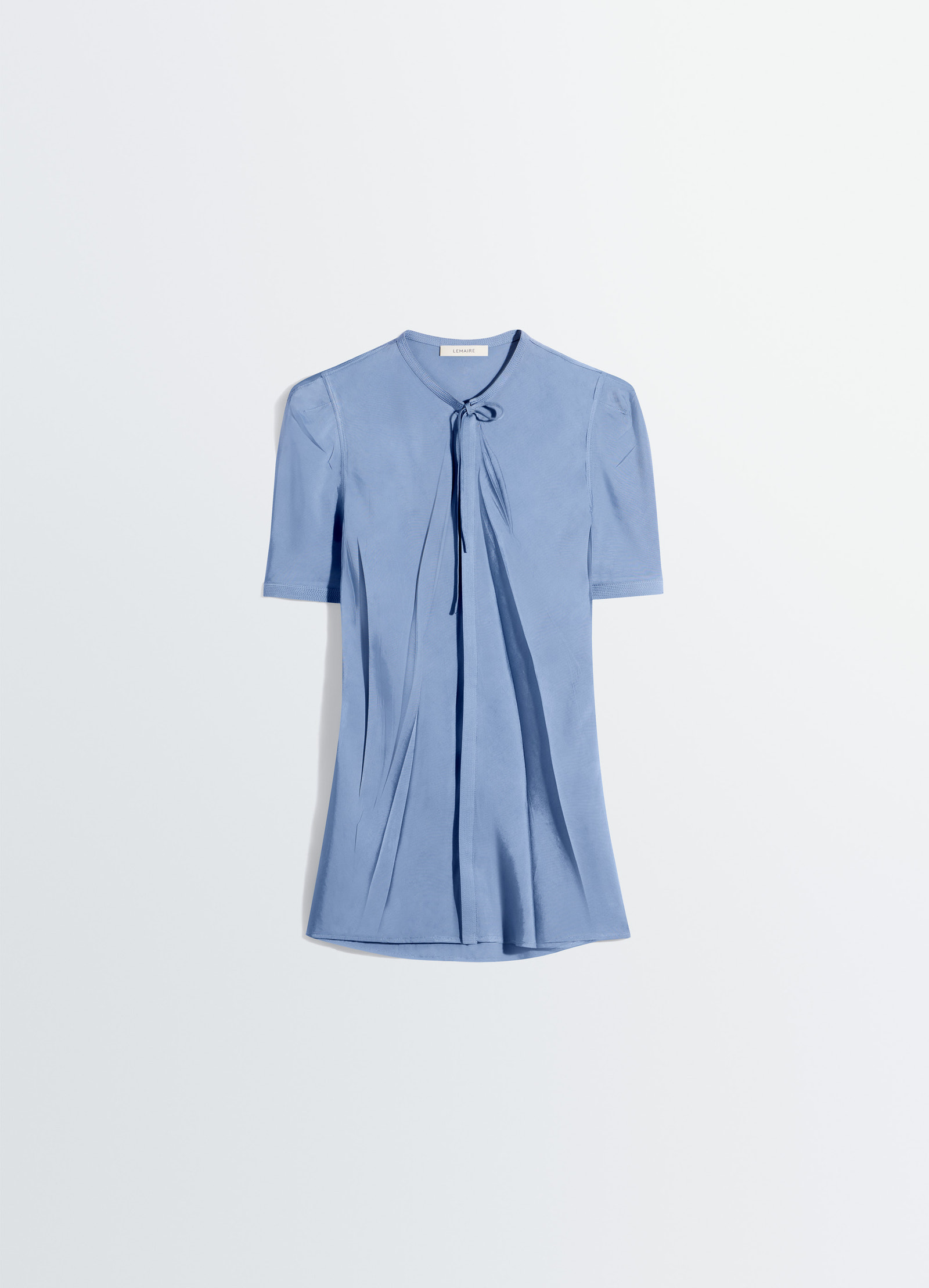 Creased fitted shirt in poly viscose twill, product shot, side close-up view tie neckline, puff sleeves