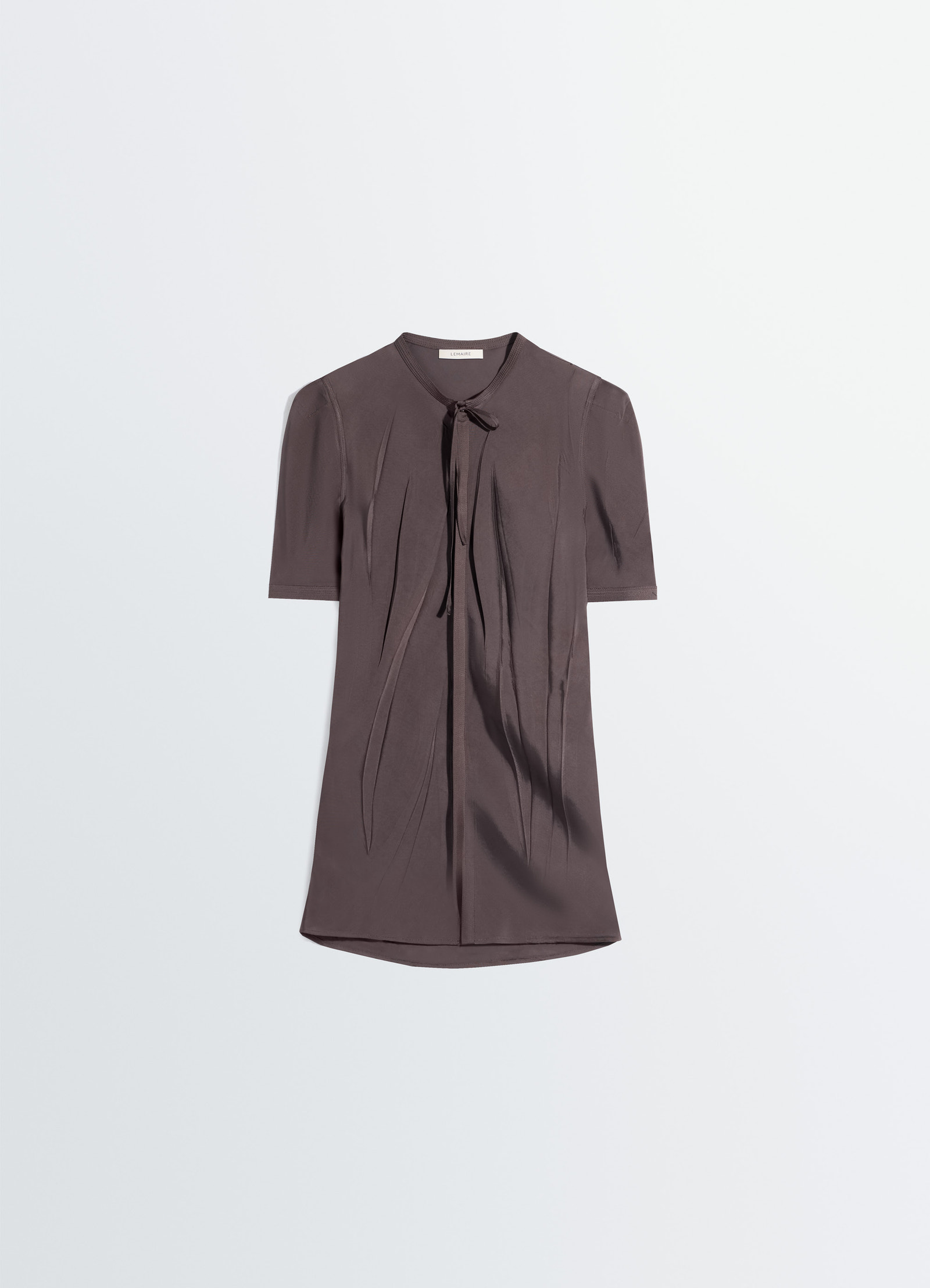 Creased fitted shirt in poly viscose twill, product shot, front detail view short sleeve tie neck