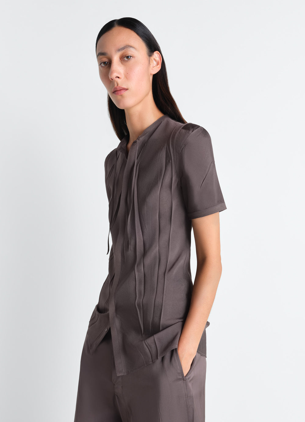 Creased Fitted Shirt in Poly Viscose Twill, model shot, Side front view Irregular pleats