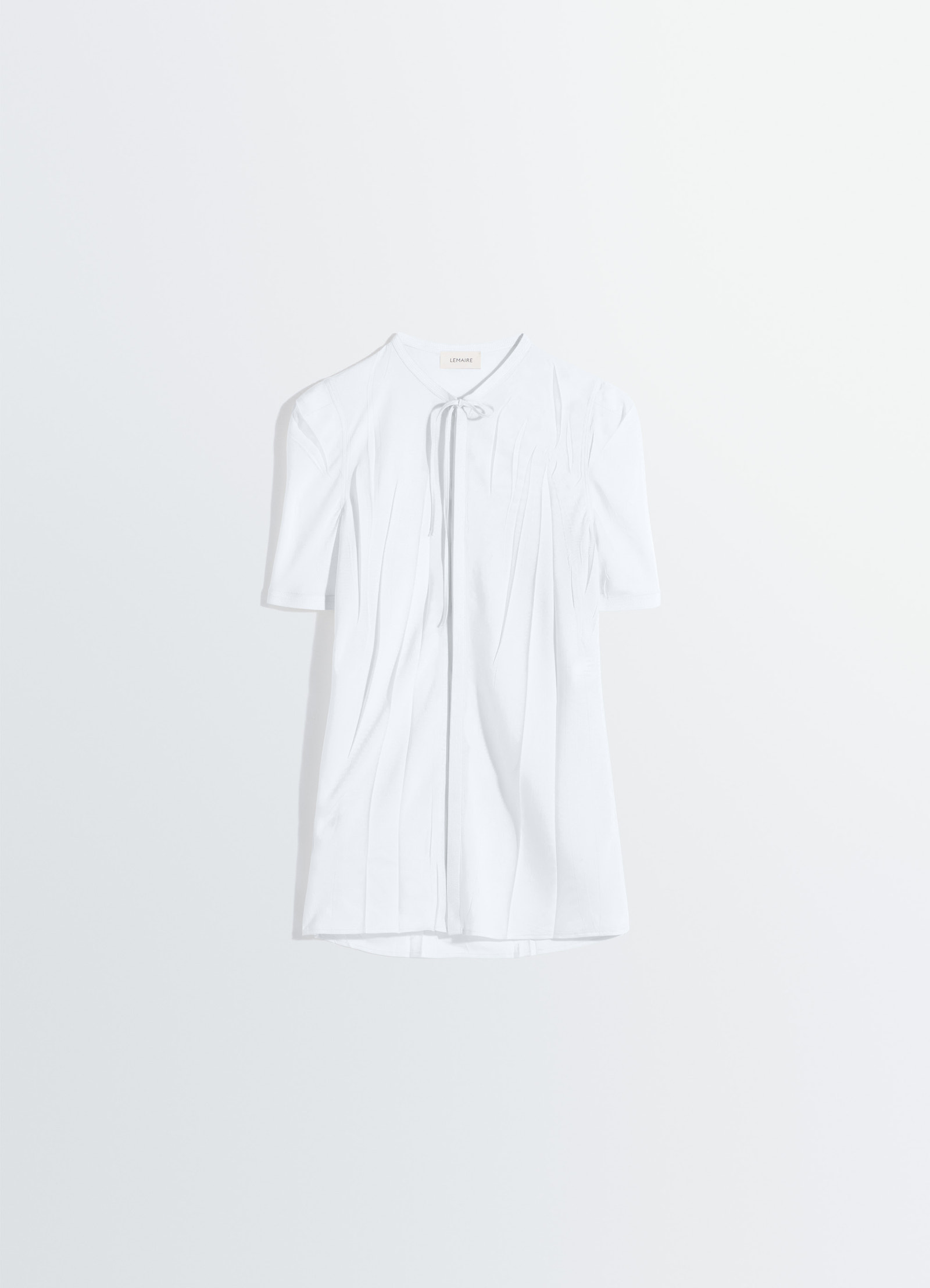Creased fitted shirt in poly viscose twill, product shot, hanger front view pleated short sleeves