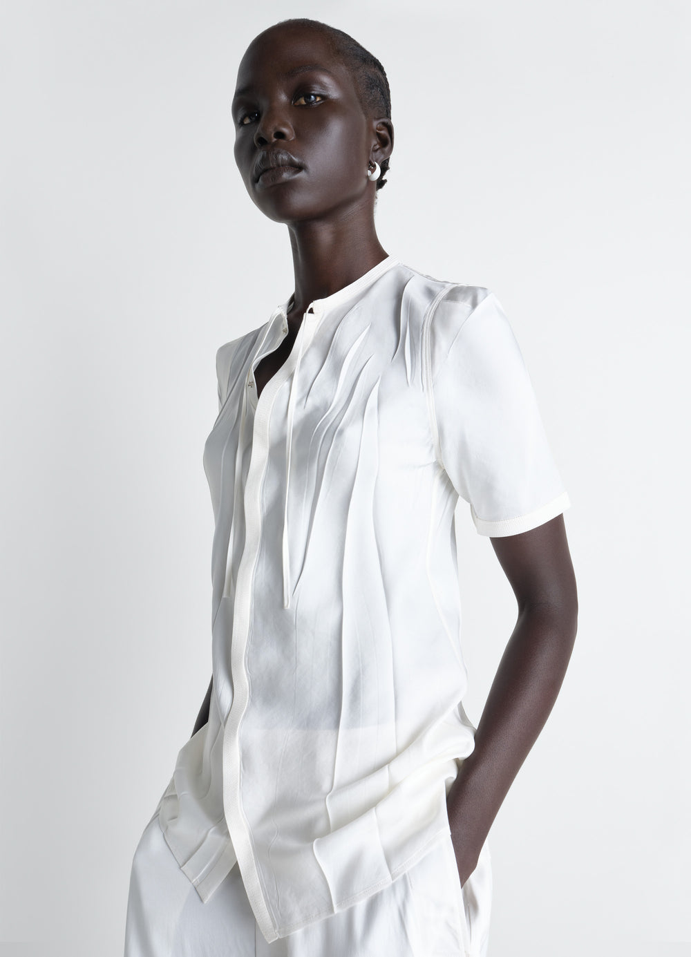 Creased Fitted Shirt in Poly Viscose Twill, model shot, Front side view Irregular pleats fitted