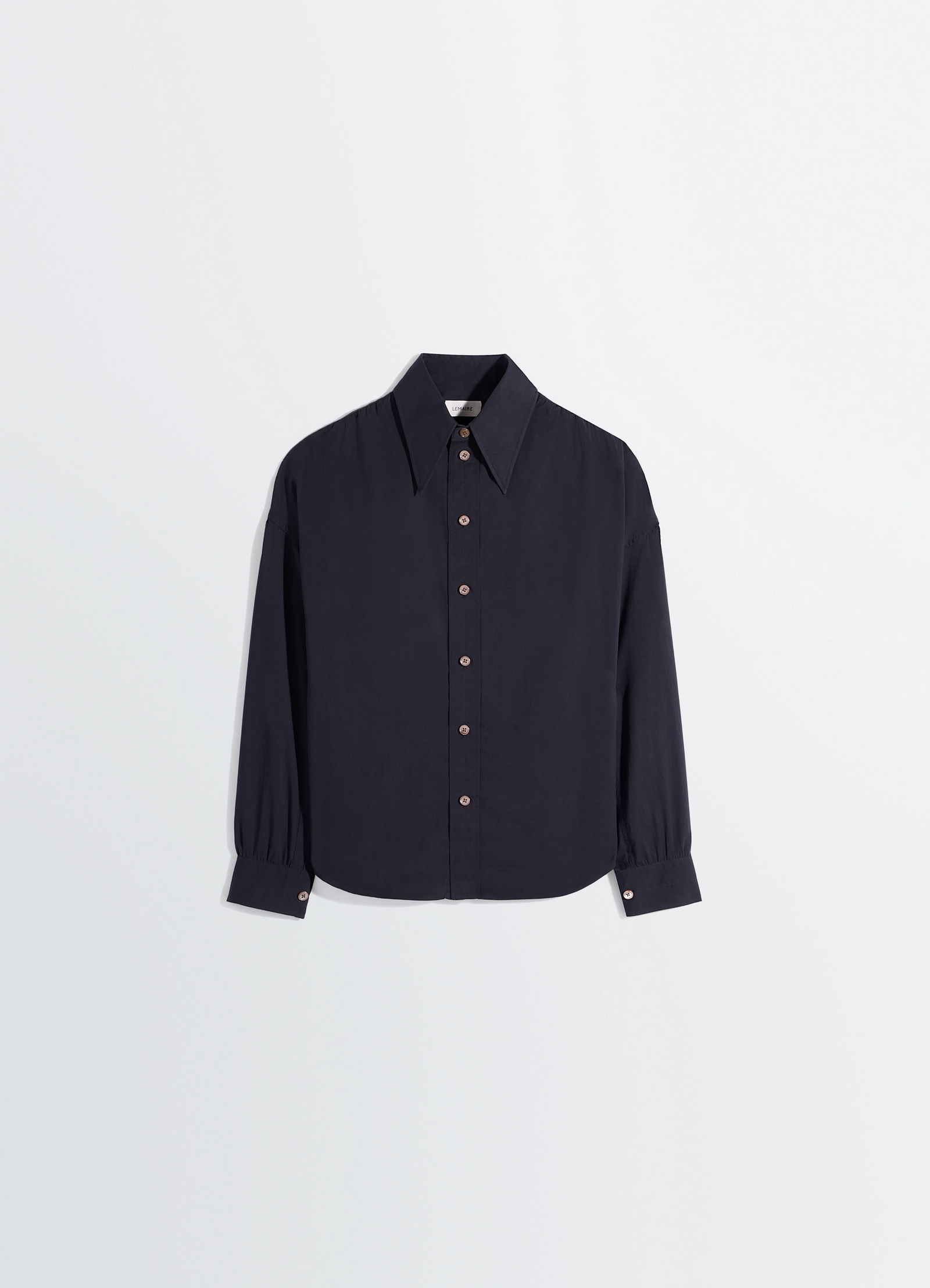 Lemaire soft pointed collar shirt in washed cotton muslin, product shot, flat lay view buttoned front, long sleeves
