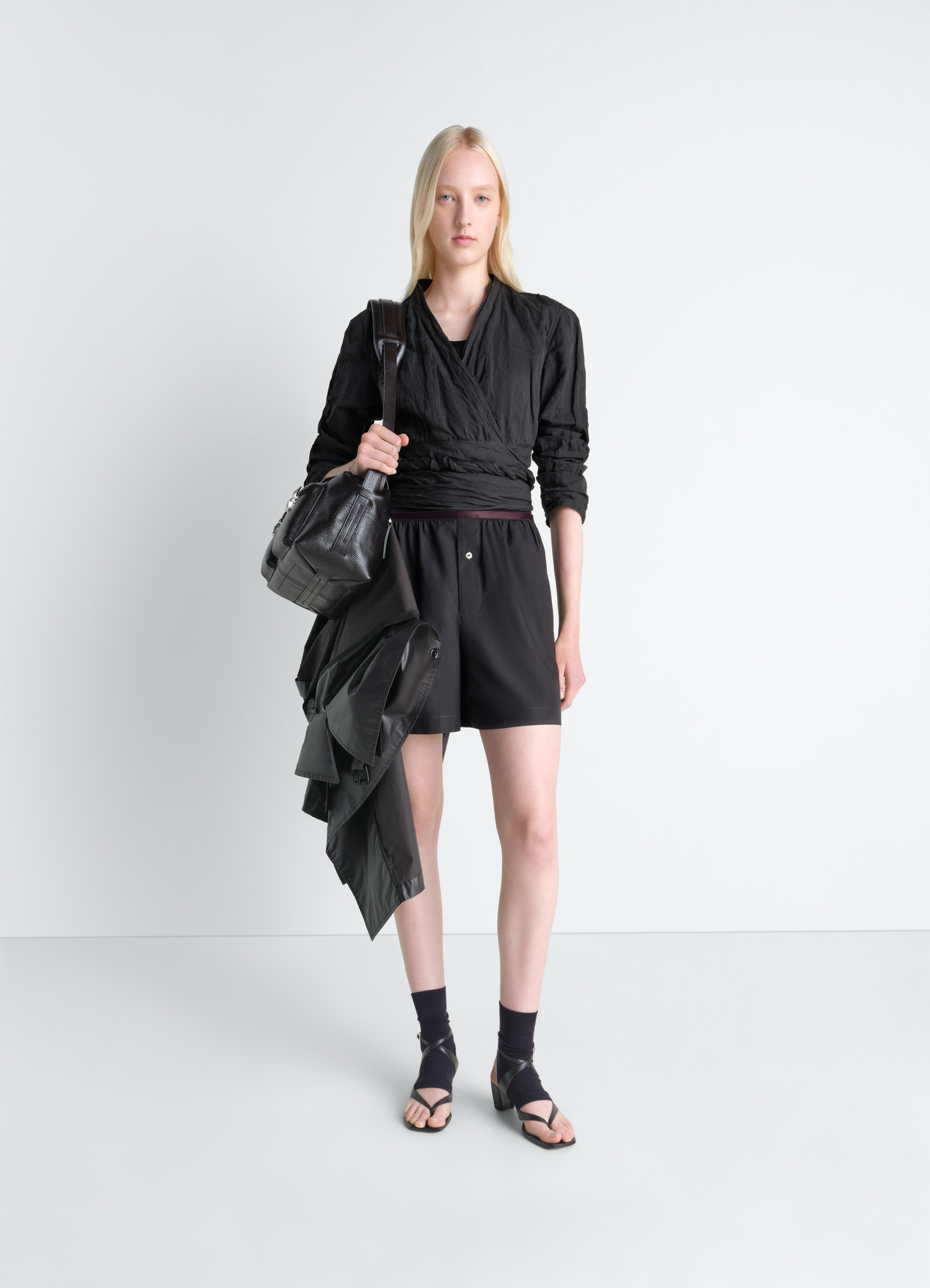 Crinkled wrap top in crinkled cotton metal