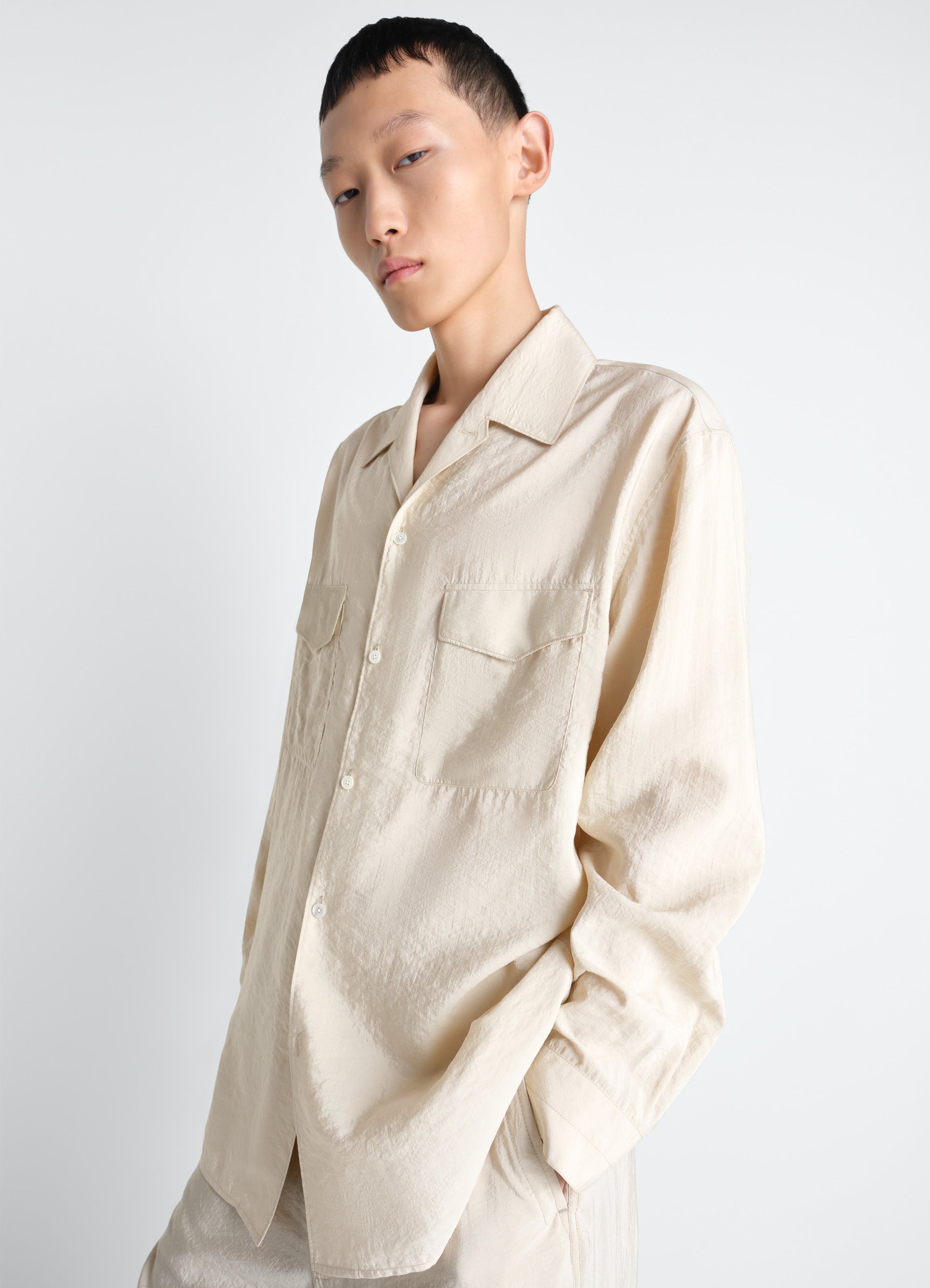 CONVERTIBLE COLLAR SHIRT IN DRY SILK - Oat Milk - Dry Silk - Men