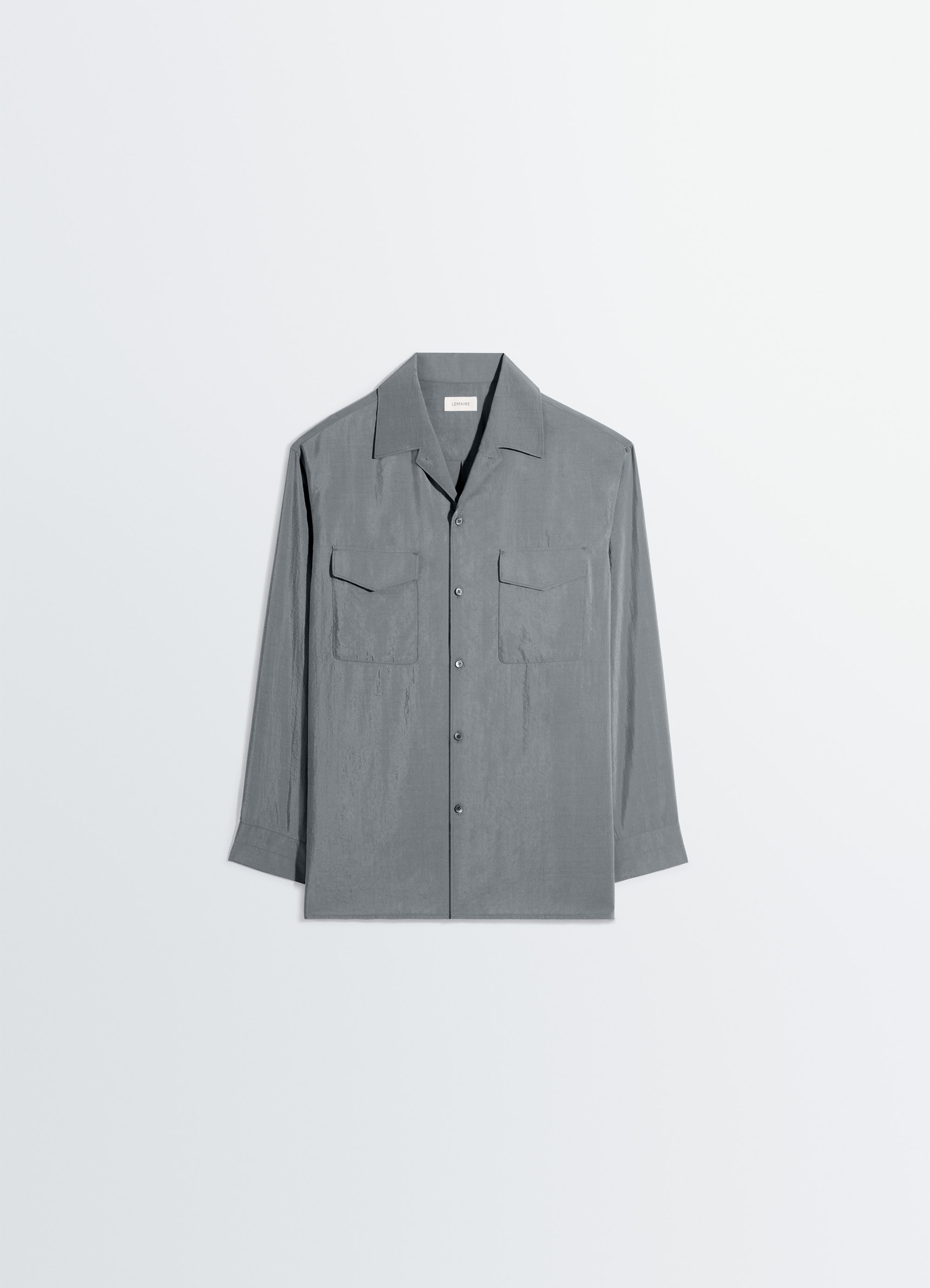 Lemaire convertible collar shirt in dry silk, product shot, top view button-up closure