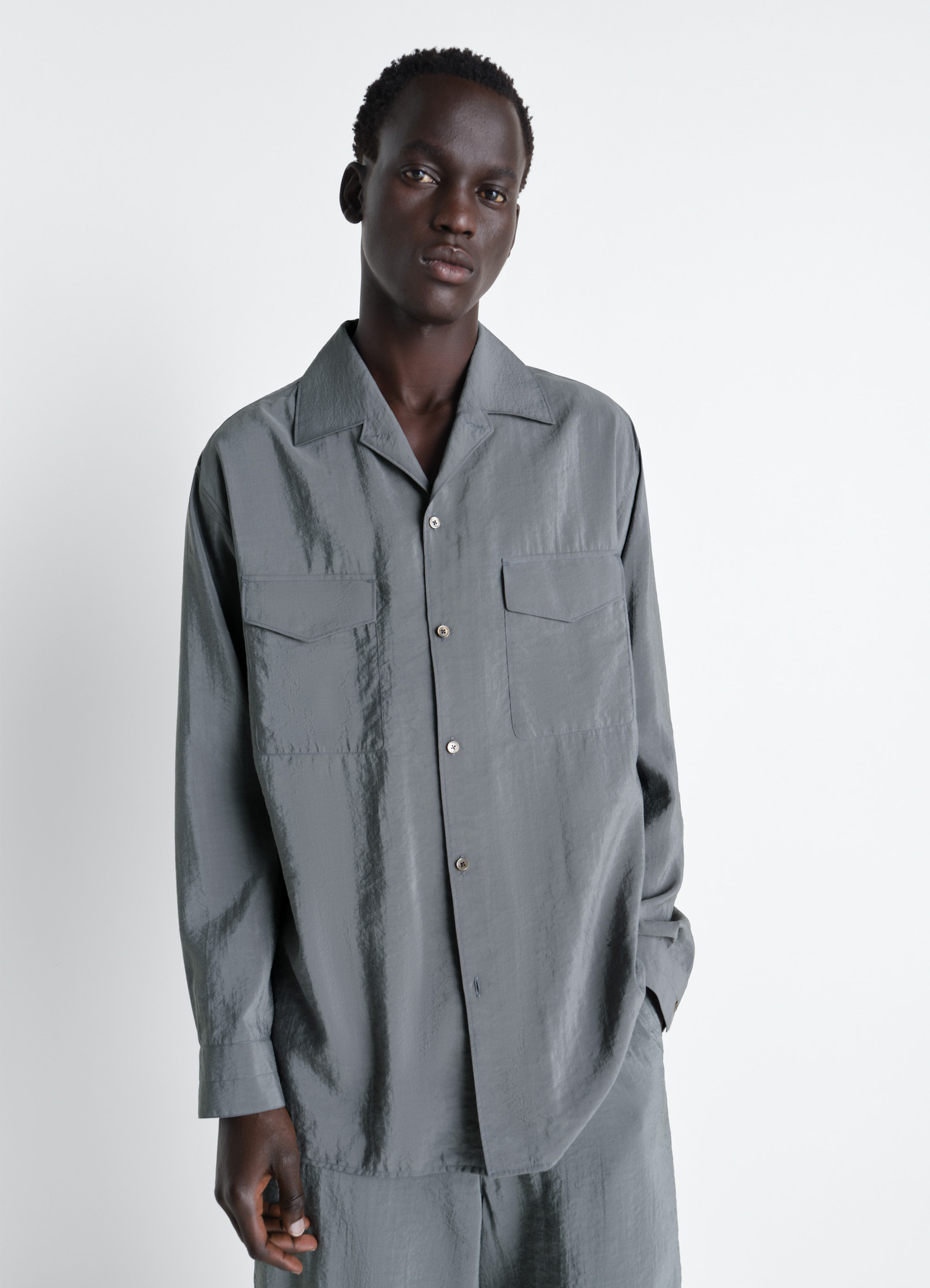 Lemaire convertible collar shirt in dry silk, model shot, front view relaxed fit