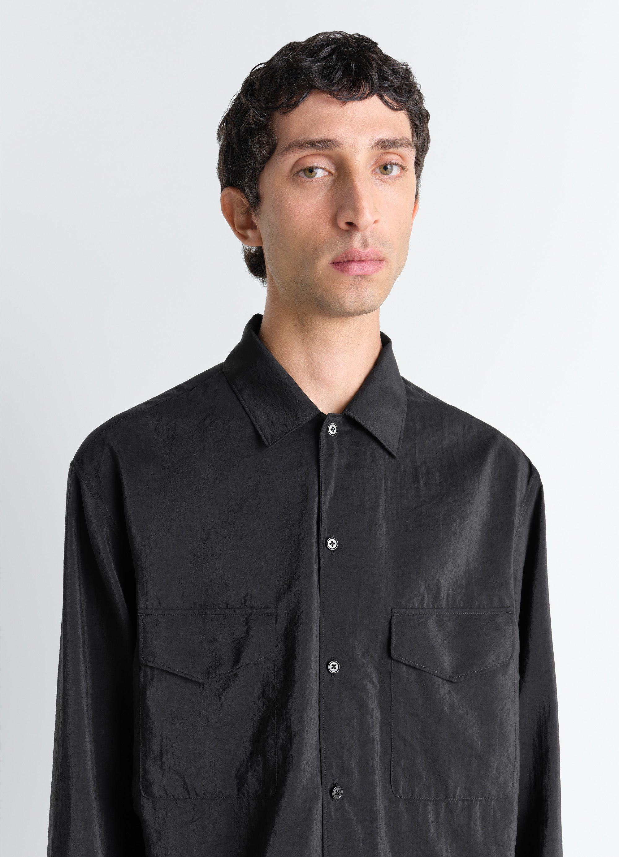 CONVERTIBLE COLLAR SHIRT IN DRY SILK - Black - Dry Silk - Men