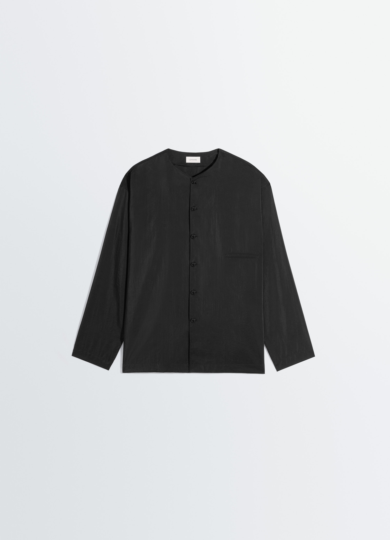 Lemaire v-neck shirt in black dry silk, product shot, top view minimalist collar