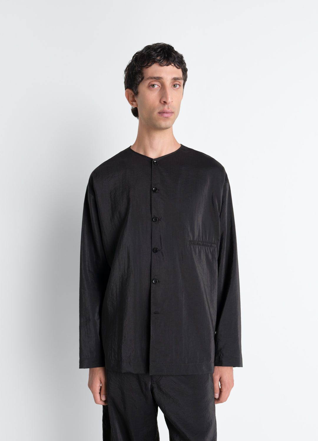 Lemaire V-Neck Shirt in Black Dry Silk, model shot, Front view Classic fit, clean lines