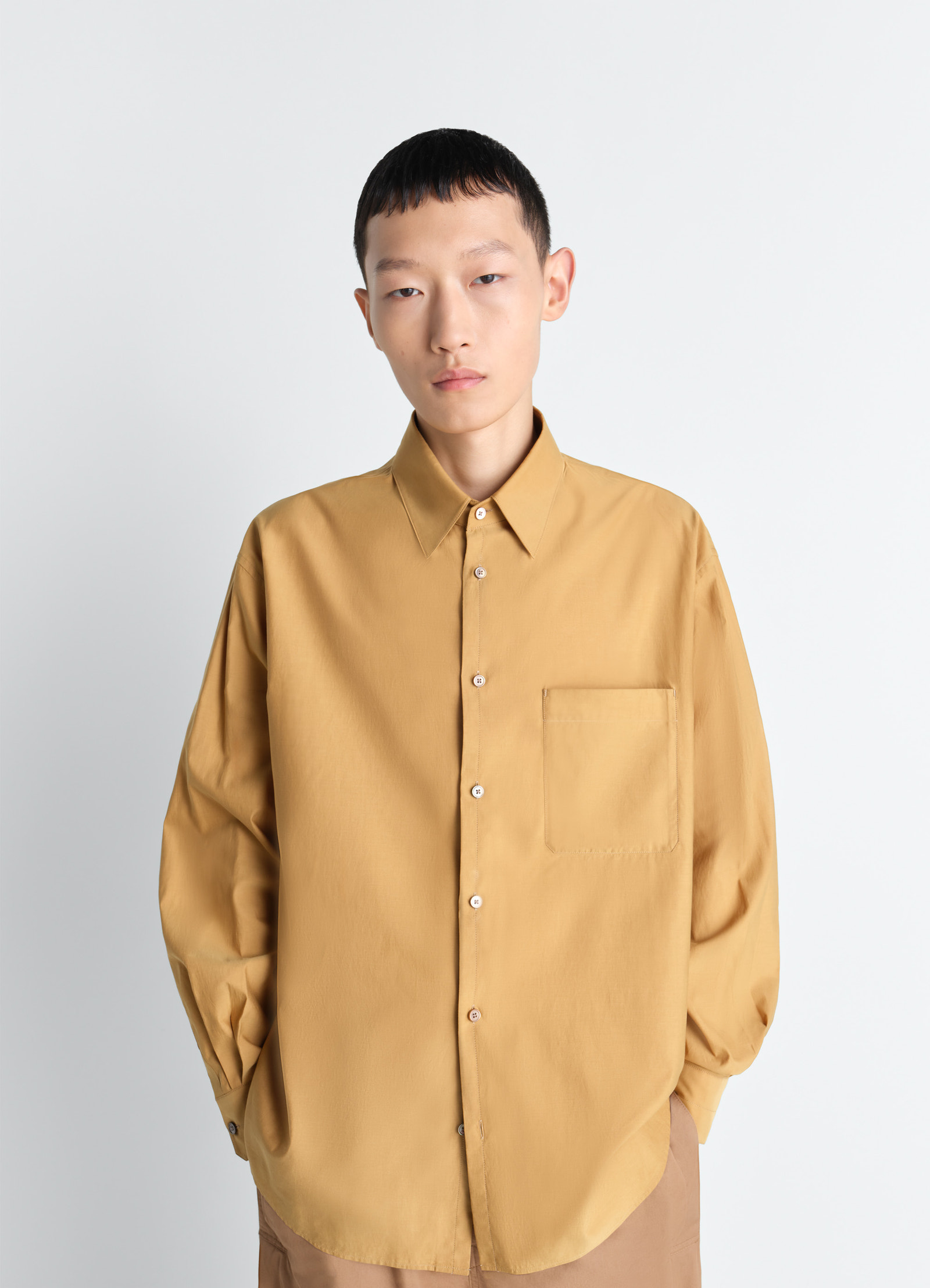 Lemaire regular shirt in washed cotton silk, model shot, front view classic fit