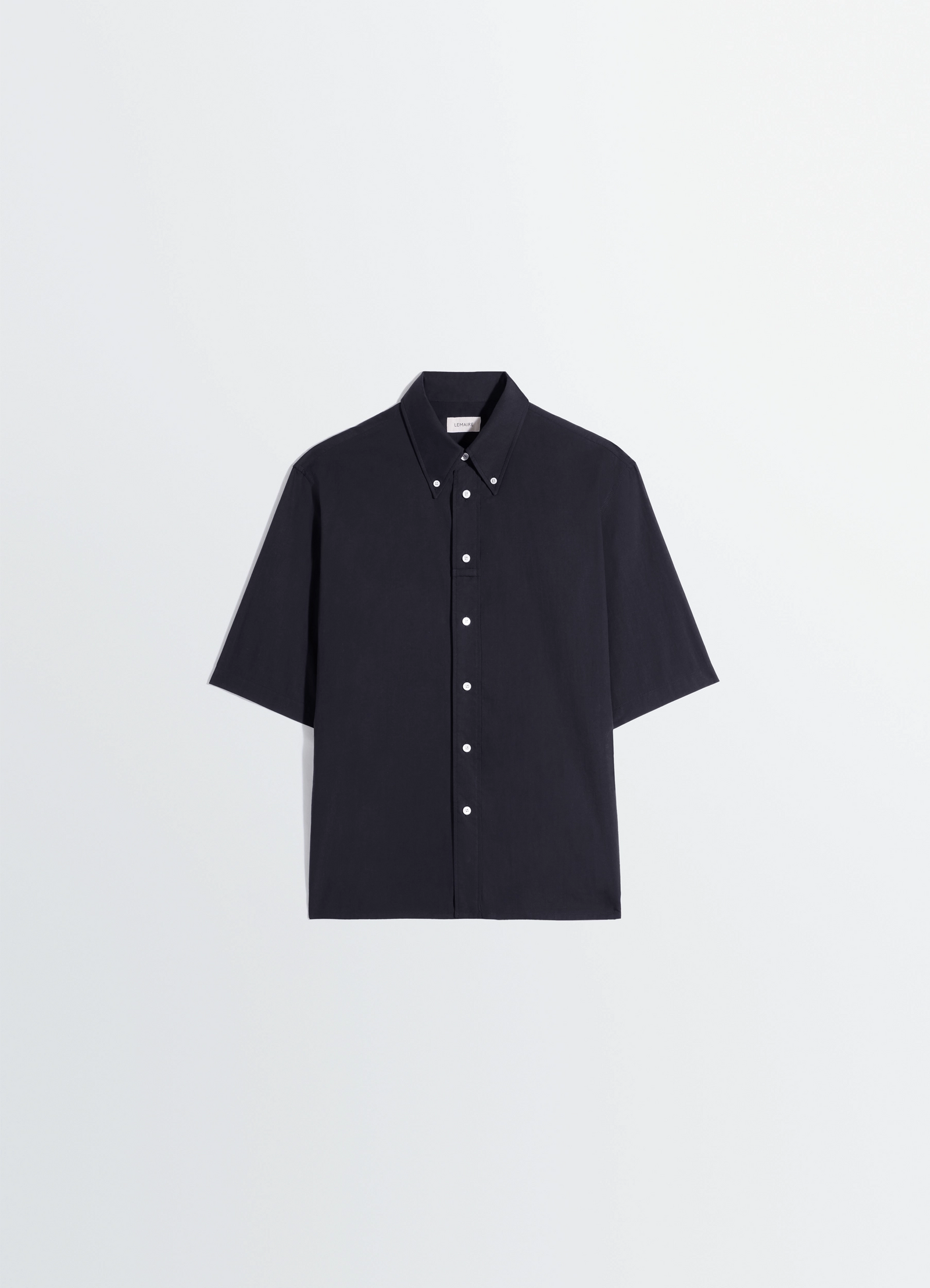Lemaire short sleeve shirt in washed cotton muslin, product shot, side view straight hem loose fit
